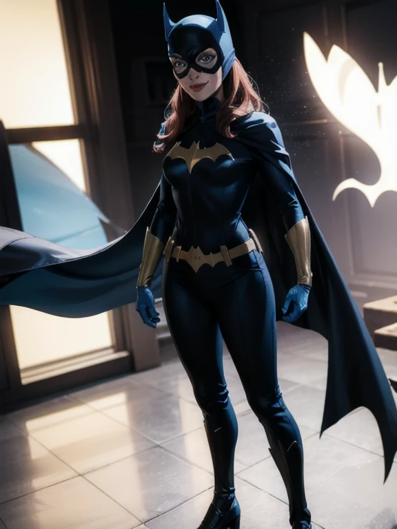 BarbaraG, 1girl, solo, blue cape, blue cloak, blue mask, belt, white gloves, blue eyes, superhero, long hair, grey bodysuit, lipstick, batgirl, park, smile, standing, cape covered body