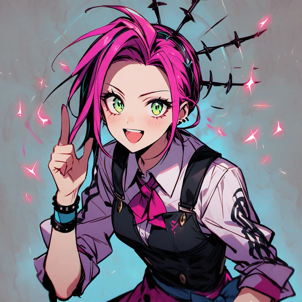 1girl, Heartsteel style, medium hair, green and pink, cool headset, glasses, gamer, 8k, humanization, jewelry, looking at viewer, smile, attitude, solo, cool hairstyle, masterpiece, fully dressed, full resolution, high definition, portrait, cute eyes, cheerful, dynamic