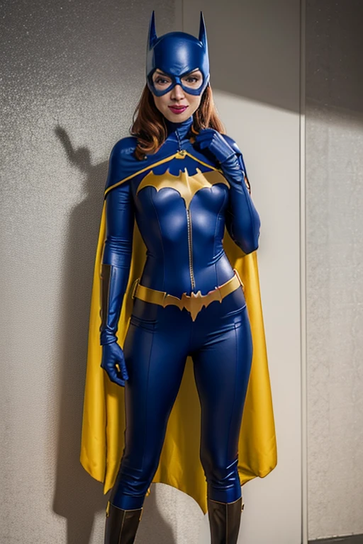 BarbaraG, 1girl, solo, blue cape, blue cloak, blue mask, belt, white gloves, blue eyes, superhero, long hair, grey bodysuit, lipstick, batgirl, park, smile, standing, cape covered body