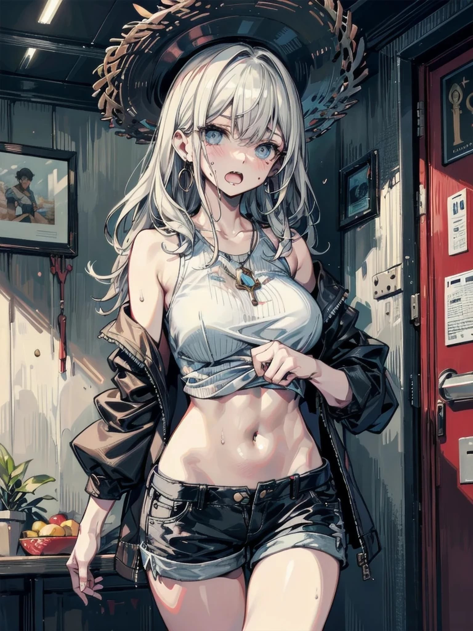 high-key and low-variance brightness scale,soft light,realistic light and shadow, light and dark interlaced,(aiming at viewer:1.4),looking at viewer,dramatic angle,(solo:1.6)
(masterpiece),(best quality),(highres),(by famous artist),(((official art))),(by Paul Hedley),(illustration),
1girl,(frieren:1.6),(elf:1.4),fashionable female
(small breasts:1.3),(underboob:1.5),(whole body),(round face),(pointy ears),(slim legs),(skinny body),(detailed beautiful face),lustrous skin,shiny skin,(articulated fingers),navel,midriff,thick lips
(white tank top:1.4),(thong:1.4),(frayed denim shorts),(white socks),(sport shoes),(off shoulders),(belly chain),belt,hair ornament,heart-shaped earrings,silver bracelet,black choker
indoor,(clothing store:1.4),(multiple clothes),small items on display,various accessories,jewelry,earrings,makeup,collarbone necklace,headpiece,
((seductive smile)),blush,((standing)),(holding pistol:1.4),
(sunglasses:1.2),(green eyes)
(white hair),long hair,twintails,parted bangs,(reflective hair),