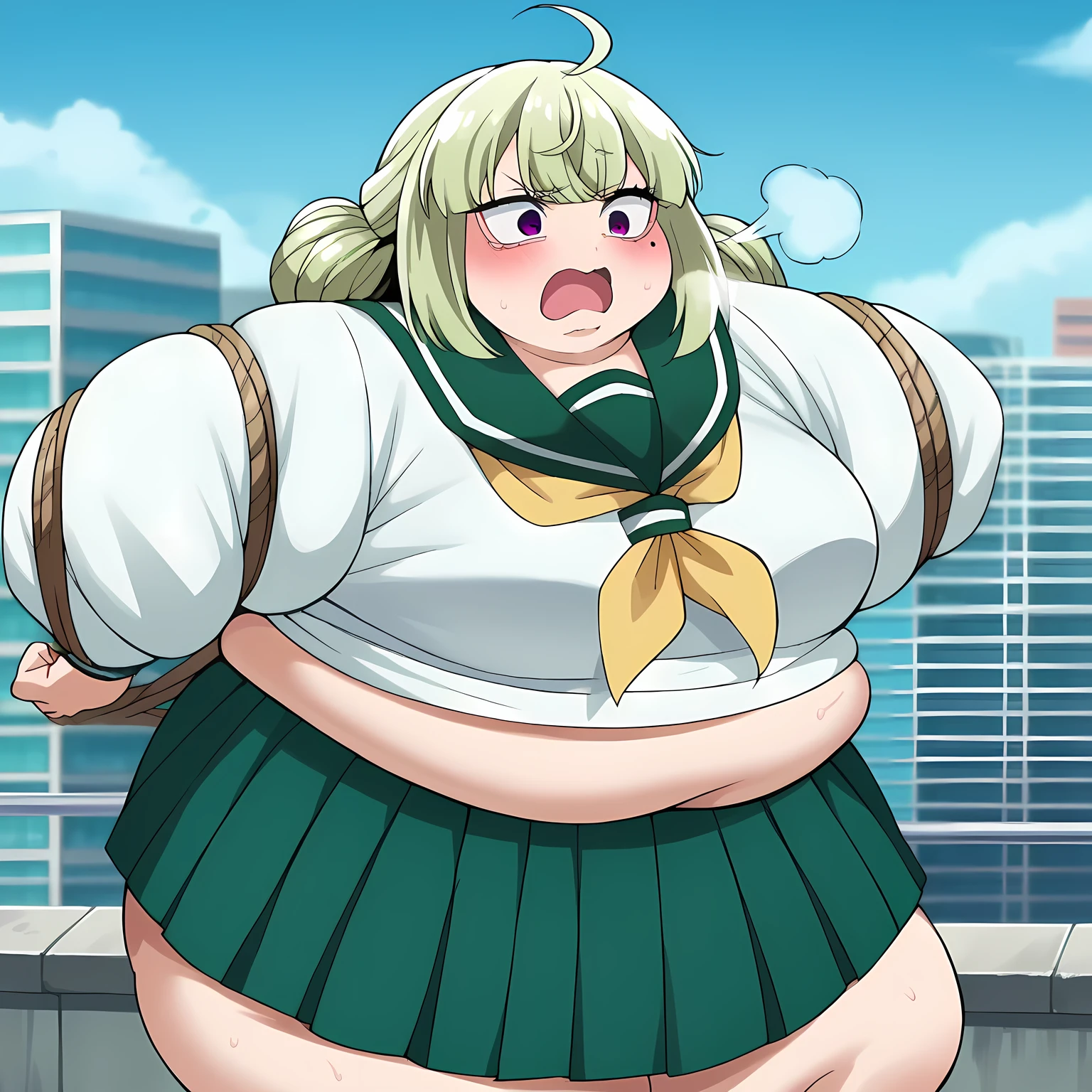 score_9, score_8_superior, score_7_superior, sauce_anime,
Kiwi Raga, See Kiwi。, bangs, Ahoge, Mole, Mole under eye, Purple eyes, Green Hair, Hair Bun, double Hair Bun, blush,Painful expression skirt, shirt, Long sleeve, , white shirt, Pleated skirt, Seraphim, Sailor collar, neckerchief, Green Skirt, green Sailor collar,
Outdoor, Cityscape, Tied up with rope,Struggling fat, chubby, obese, gigantic arms and legs, large breasts open mouth, out of breath