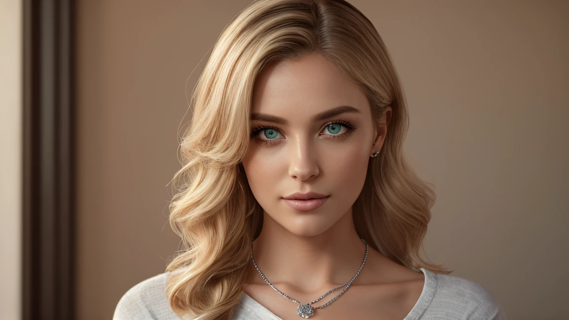 Long blonde wavy hair, sea-green eyes, 30ish years old, gorgeous woman,  (beautiful face: 1.2), Looking at viewer, flirting, desire in her eyes, henley t-shirt, soft feminine body, intricate diamond and white gold necklace, gorgeous shapely legs, (realistic, detailed,  digital art,  4k,  ultra hd: 1.2), Impressionism, 8K Octane, Braid, Hair Over One Eye, Asymmetrical Hair, (photorealistic: 1.2)Masterpiece, Anatomically Correct, Best Quality, High Details, breathtaking, sensual, intimate setting, moonlight