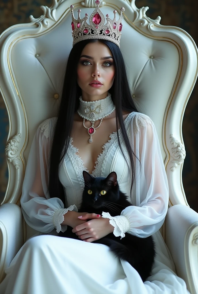 (full body shot:1.3) woman in a black dress sitting on a throne with a crown, an elegant gothic princess, gothic princess portrait, beautiful vampire female queen, gothic regal, dark goth queen with yellow eyes, black long hair, medieval dark fantasy, sitting on intricate throne, wearing a gothic dress, beautiful elegant demon queen, lovely dark autumn princess, a beautiful fantasy empress, beautiful vampire queen. White cat sitting on her lap.