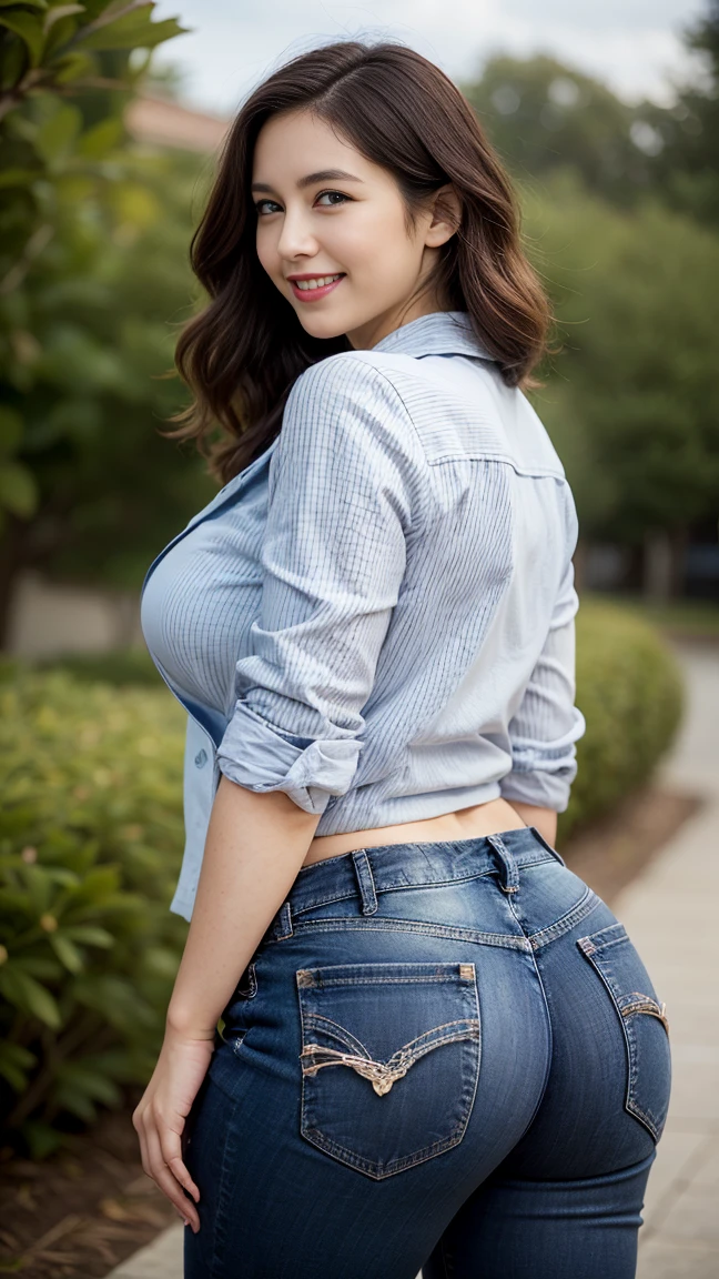 a close up of a woman in a white shirt and light blue jeans, slim waist and thick hips, fitted outfit, casual pose, beautiful detailed eyes, she is smiling, beautiful face and detailed, beautiful woman, beautiful detailed lips, extremely detailed eyes and face, long eyelashes, 1girl, She is doing very sexy poses, she shows her beautiful ass, medium:oil painting, park, city of Buenos Aires, (best quality,4k,8k,highres,masterpiece:1.2),ultra-detailed,(realistic,photorealistic,photo-realistic:1.37),HDR,UHD,studio lighting,ultra-fine painting,sharp focus,physically-based rendering,extreme detail description,professional,vivid colors,bokeh,portraits,photography,dramatic lighting
