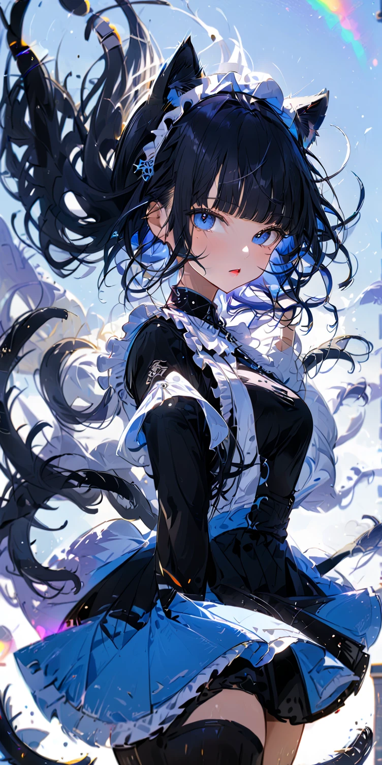 1girl, absurdly long black hair blunt bangs, blue eyes, cat ears, cat tail, chestnut mouth, large breast, open shoulder maid uniform, high waist short skirt, wind browing, floating hair, white background, contrapposto, cool expression, from below, look at viewer, soft focus, lens flare, masterpiece, best quality, vivid light color, Vector Art, 2D flat, simple shapes, professional graphic, flat color, Sleek design, 1girl, absurdly long black hair blunt bangs, blue eyes, cat ears, cat tail, chestnut mouth, large breast, open shoulder maid uniform, high waist short skirt, wind browing, floating hair, white background, contrapposto, cool expression, from below, look at viewer, soft focus, lens flare, masterpiece, best quality, Matte frosted color, Vibrant colors, Layering impasto (oil painting:1.1), ultra-detailed texture, perfect composition, intricate details, high resolution, High contrast, sharp focus, Delicate brushwork, ,AddXL,Dream Scenery