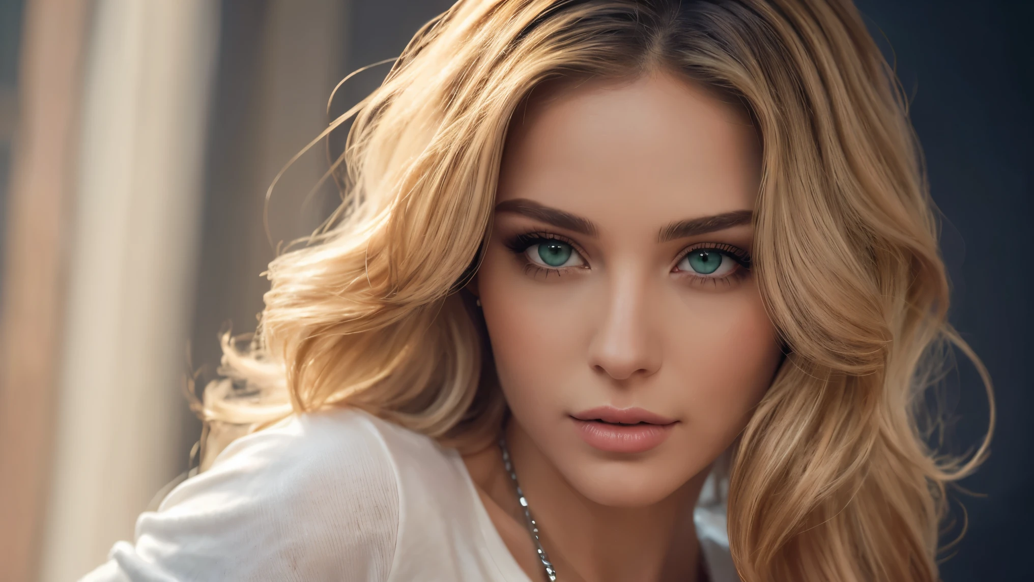 Long blonde wavy hair, sea-green eyes, 30ish years old, gorgeous woman,  (beautiful face: 1.2), Looking at viewer, flirting, desire in her eyes, henley t-shirt, soft feminine body, intricate diamond and white gold necklace, gorgeous shapely legs, (realistic, detailed,  digital art,  4k,  ultra hd: 1.2), Impressionism, 8K Octane, Braid, Hair Over One Eye, Asymmetrical Hair, (photorealistic: 1.2)Masterpiece, Anatomically Correct, Best Quality, High Details, breathtaking, sensual, intimate setting, moonlight