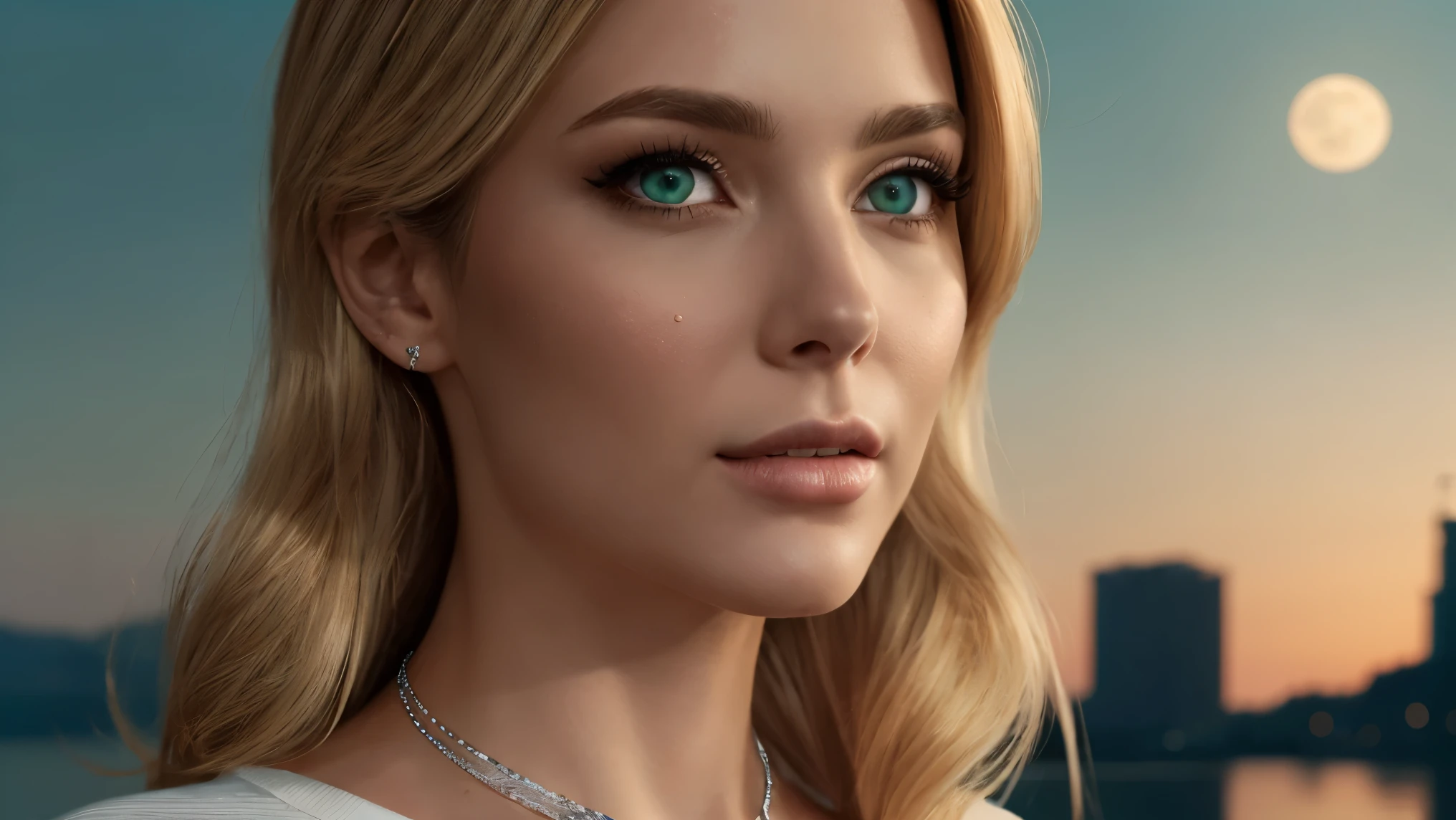 Long blonde wavy hair, sea-green eyes, 30ish years old, gorgeous woman,  (beautiful face: 1.2), Looking at viewer, flirting, desire in her eyes, henley t-shirt, soft feminine body, intricate diamond and white gold necklace, gorgeous shapely legs, (realistic, detailed,  digital art,  4k,  ultra hd: 1.2), Impressionism, 8K Octane, Braid, Hair Over One Eye, Asymmetrical Hair, (photorealistic: 1.2)Masterpiece, Anatomically Correct, Best Quality, High Details, breathtaking, sensual, intimate setting, moonlight