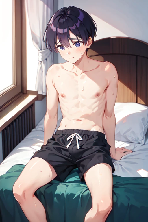 １５age　 one boy　 in underwear　 bed　Anxious expression　 lies down　sweaty black boxer shorts