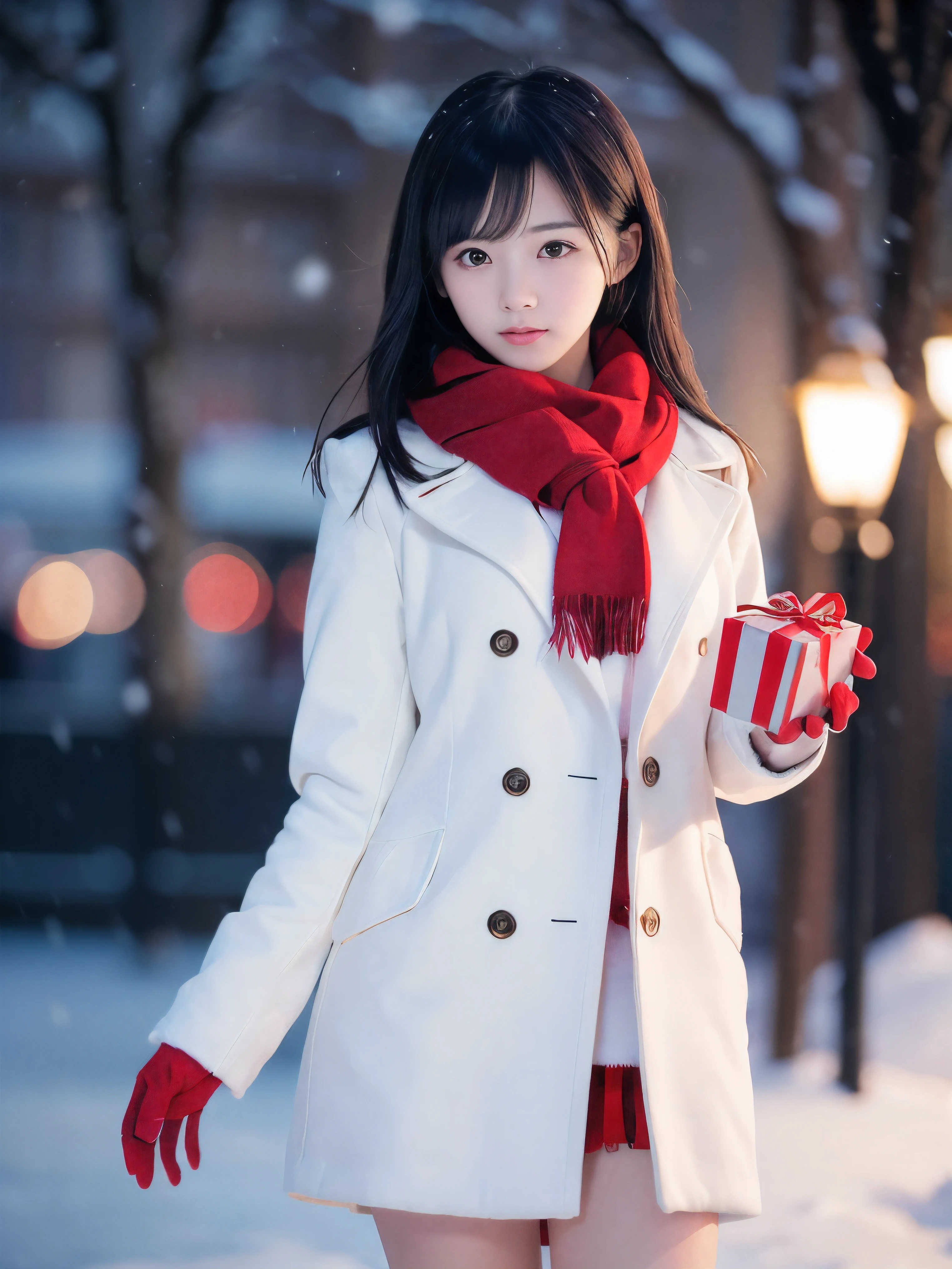 (Close-up face shot of one slender small breasts two side up black medium hair with bangs girl in a winter white long coat and red scarf:1.5)、(One girl is turn around with holding  a gift box with gloves in hand with sad face:1.5)、(Very beautiful Christmas illumination:1.5)、(Heavy snowing night:1.5)、(blurred background:1.5)、(Natural light:1.5)、(8k ultra detailed master piece:1.5)、(perfect anatomy:1.5)、(Photorealistic stick:1.5)、(Raw photo:1.3)、(highest quality:1.5)、(High resolution:1.3)、(Delicate and beautiful perfect face:1.3)、(Delicate and beautiful eye air skin:1.3)、(Real Human Skin:1.3)、((thin legs))