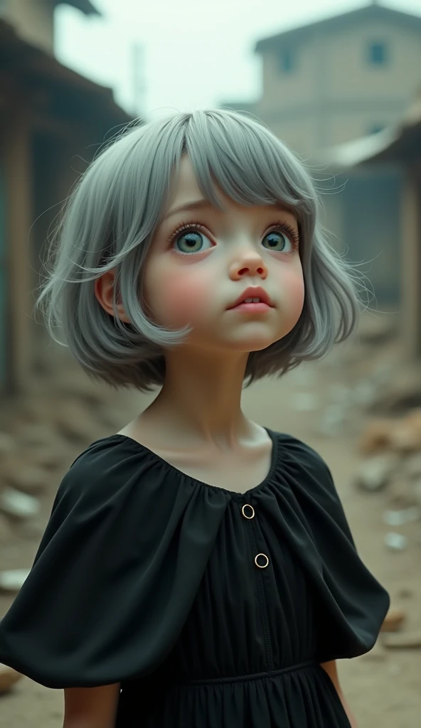 ((8k wallpaper)), ((  surreal)), ((quality :1.2)),  1 girl, １４、Kind eyes、  Plump Lips  、Grey Hair、Fatigue、(((  small breasts、  small breasts、Areola:1.1、Nipples)))、Black elegant dress,  black capelet  ,  look up  , Widespread poverty,  Short Hair 、 細部にまでこだわった Short Hair ツインテール、Grey Hair:1.5、  white skin、