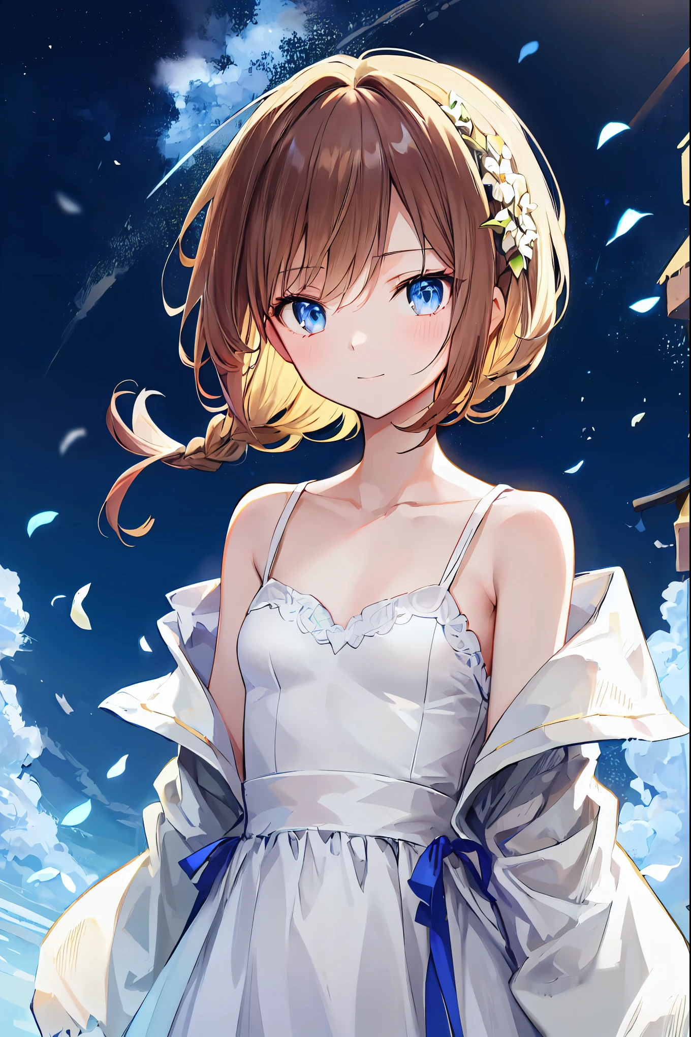 ( best quality, masterpiece), one girl who is at ease, stop temporarily, particle, wind, flower, upper body, simple background, Looking at the Audience , blonde alone, milky way, beautiful, has lots of dark brown hair , small breasts,Brown Hair, short cut , unkempt hair,Short braided hair,Neat, slender beautiful,Correct posture,Small chest,beautiful脚, their enchanting gray-blue eyes are shining like stars,Droopy eyes, bright color,beautiful目,A delicate smile,Textured Skin, best quality best ,優しくてbeautiful女性,アニメwind、