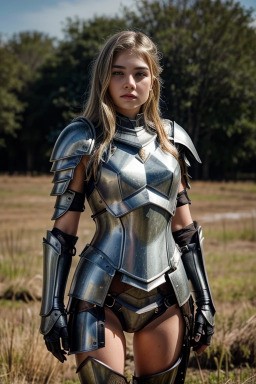  A beautiful young woman , Nikki Tyler , in armor stands in a muddy field with a sword, armored warrior, armored warrior, Detailed Armor,  dressed in ancient battle armor ,  wearing intricate steel armor ,  warrior armor and weapons , He wore heavy armor and a cape.., imogen poots as paladin,  impressive armor , Light emanating from the armor , Detailed Armor, Wearing full metal armor , (((half body ))),((NSFW)).