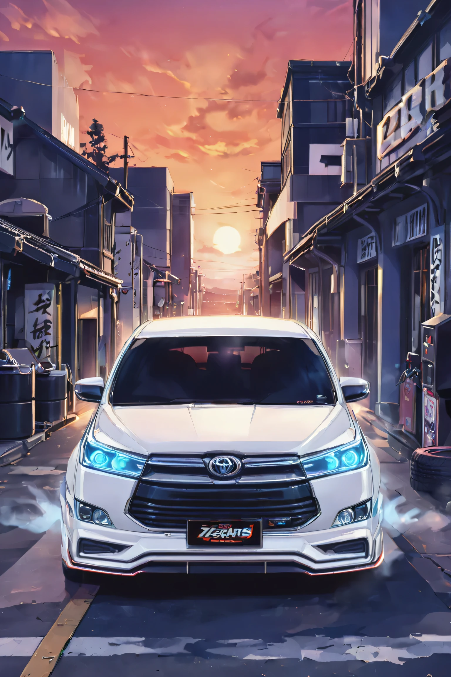 realistic, white Toyota Innova Reborn TRD,cinematic,
cyberpunk (((retro zeekars))) (with glowing rims), glowing eyes, drift,smoke tires, sunset in japan, two tone color