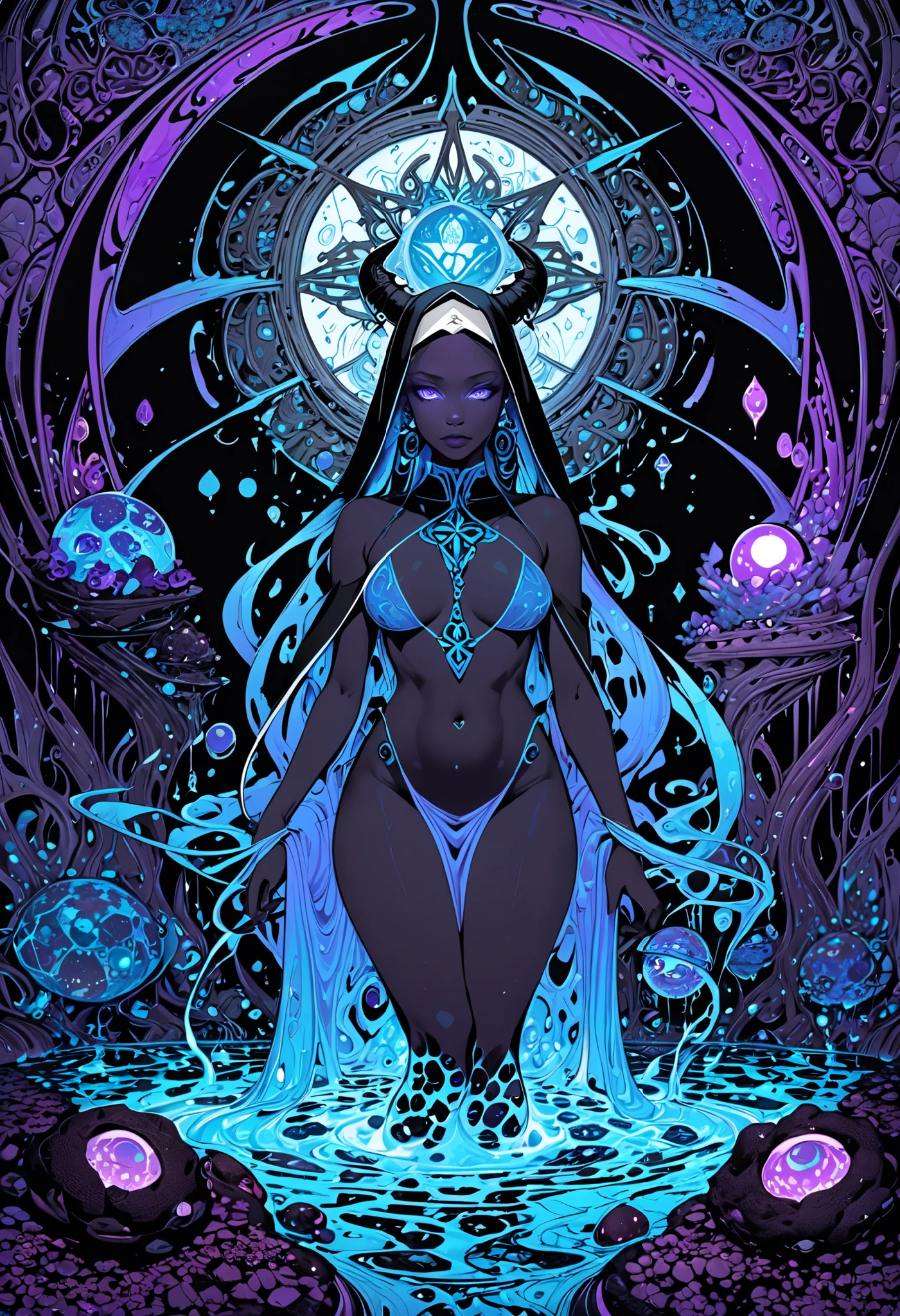 Ultra realistic, beautiful post apocalyptic dark skin 1girl standing half underwater, gorgeous, vibrant, psychedelic, colorful, intricate, elegant, sharp focus, highly detailed, digital painting, concept art, matte, art by alphonse mucha, masterpiece, Hyper detailed ultra sharp, ((full body)), colorful, reef, long flowing hair, dress,