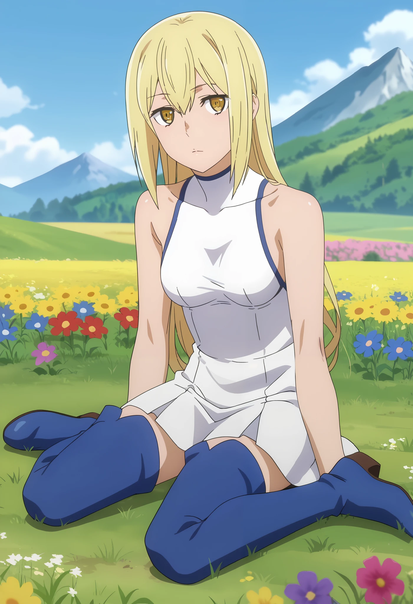 Determination focused, intense, unyielding, visibly, score_7_up, anime screencap, 1girl, solo, long hair, blonde hair, hair between eyes, yellow eyes, AisCasual, sleeveless dress, white dress, short dress, thigh boots, blue footwear, sitting, on ground, looking at viewer, scenery, mountains, grass, flower field,