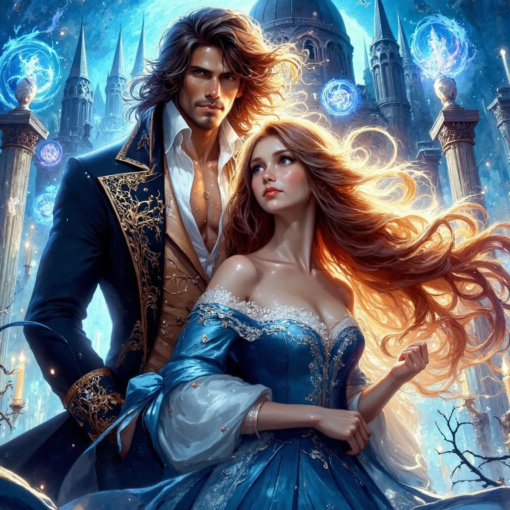 ( ULTRAGLOSSING MASTERPIECE HI-REZ EXTREMALLY DETAILED HIGH QUALITY HYPERREALISTIC 3d render octane rende unreal ingene5 extremally detailed vibrant colorful Digitalhyperealisticart ) Vibrant magical fantasy world, a book cover illustration scene, a very handsome muscular aristocrat with long hair, in frock coat and his beautiful lady in academy dress, in the background are a magic academy, glow magic symbol rounds, love, tenderness, care,mystic, bright light contrast colors, magic, shine, smile, high waist., maximum texture, ultra-high detail, perfect natural proportions, contrasting vibrant SQUARE bright colorscheme, dynamic pose, high quality, clear focus, highly detailed facial features, overhead light, blue eyes, clear eyes with detail, volumetric lighting, hyperrealistic, high contrast, depth of field, unreal, 32k,perfect anatomy,perfect anatomy proportions, perfect hands and fingers