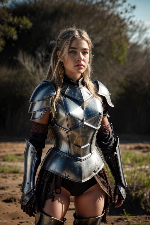  A beautiful young woman , Nikki Tyler ,In armor he is standing on a dark and muddy wasteland with a sword, armored warrior, armored warrior, Detailed Armor,  dressed in ancient battle armor ,  wearing intricate steel armor ,  warrior armor and weapons , He wore heavy armor and a cape.., imogen poots as paladin,  impressive armor , Light emanating from the armor , Detailed Armor, Wearing full metal armor , (((half body ))),((NSFW)).