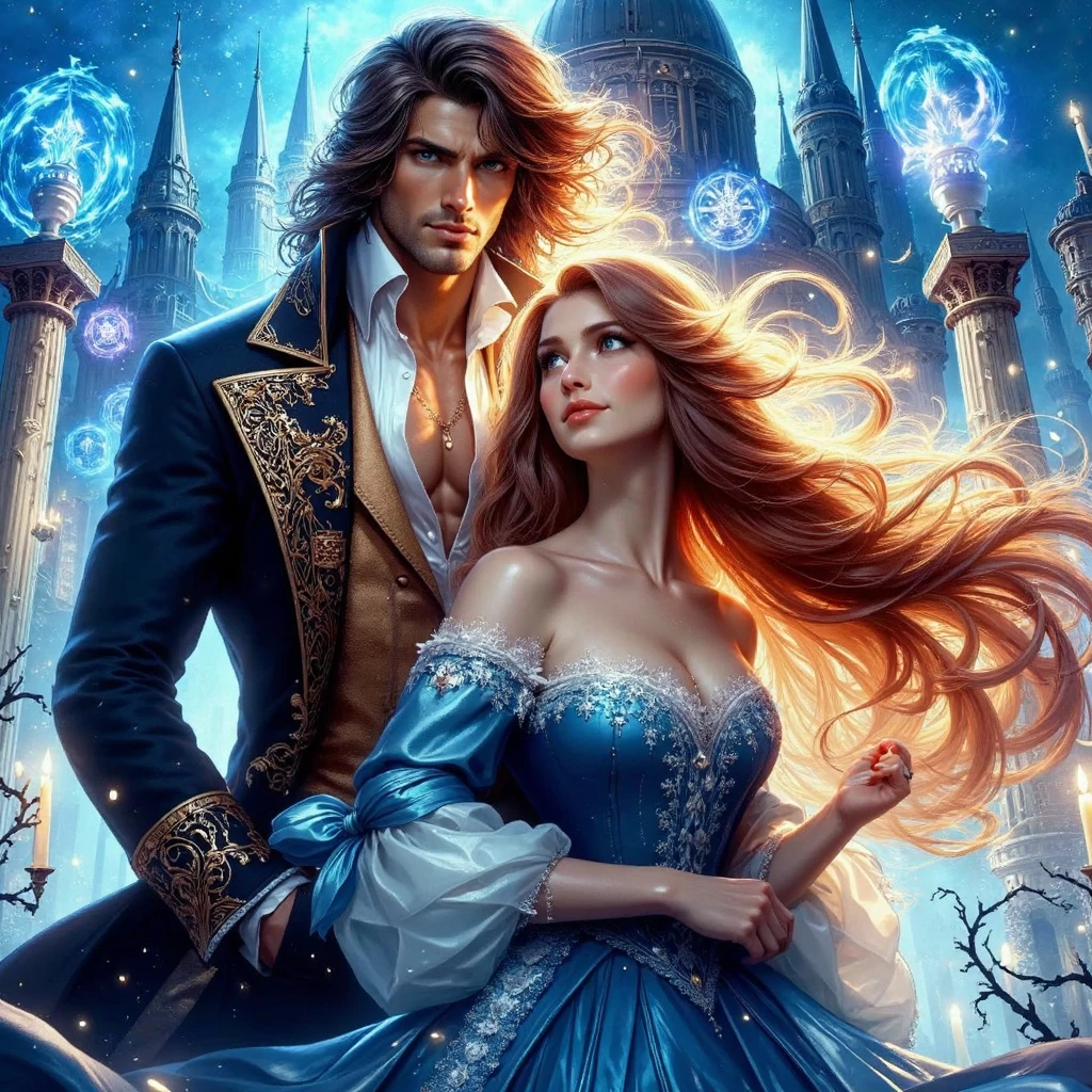 ( ULTRAGLOSSING MASTERPIECE HI-REZ EXTREMALLY DETAILED HIGH QUALITY HYPERREALISTIC 3d render octane rende unreal ingene5 extremally detailed vibrant colorful Digitalhyperealisticart ) Vibrant magical fantasy world, a book cover illustration scene, a very handsome muscular aristocrat with long hair, in frock coat and his beautiful lady in academy dress, in the background are a magic academy, glow magic symbol rounds, love, tenderness, care,mystic, bright light contrast colors, magic, shine, smile, high waist., maximum texture, ultra-high detail, perfect natural proportions, contrasting vibrant SQUARE bright colorscheme, dynamic pose, high quality, clear focus, highly detailed facial features, overhead light, blue eyes, clear eyes with detail, volumetric lighting, hyperrealistic, high contrast, depth of field, unreal, 32k,perfect anatomy,perfect anatomy proportions, perfect hands and fingers