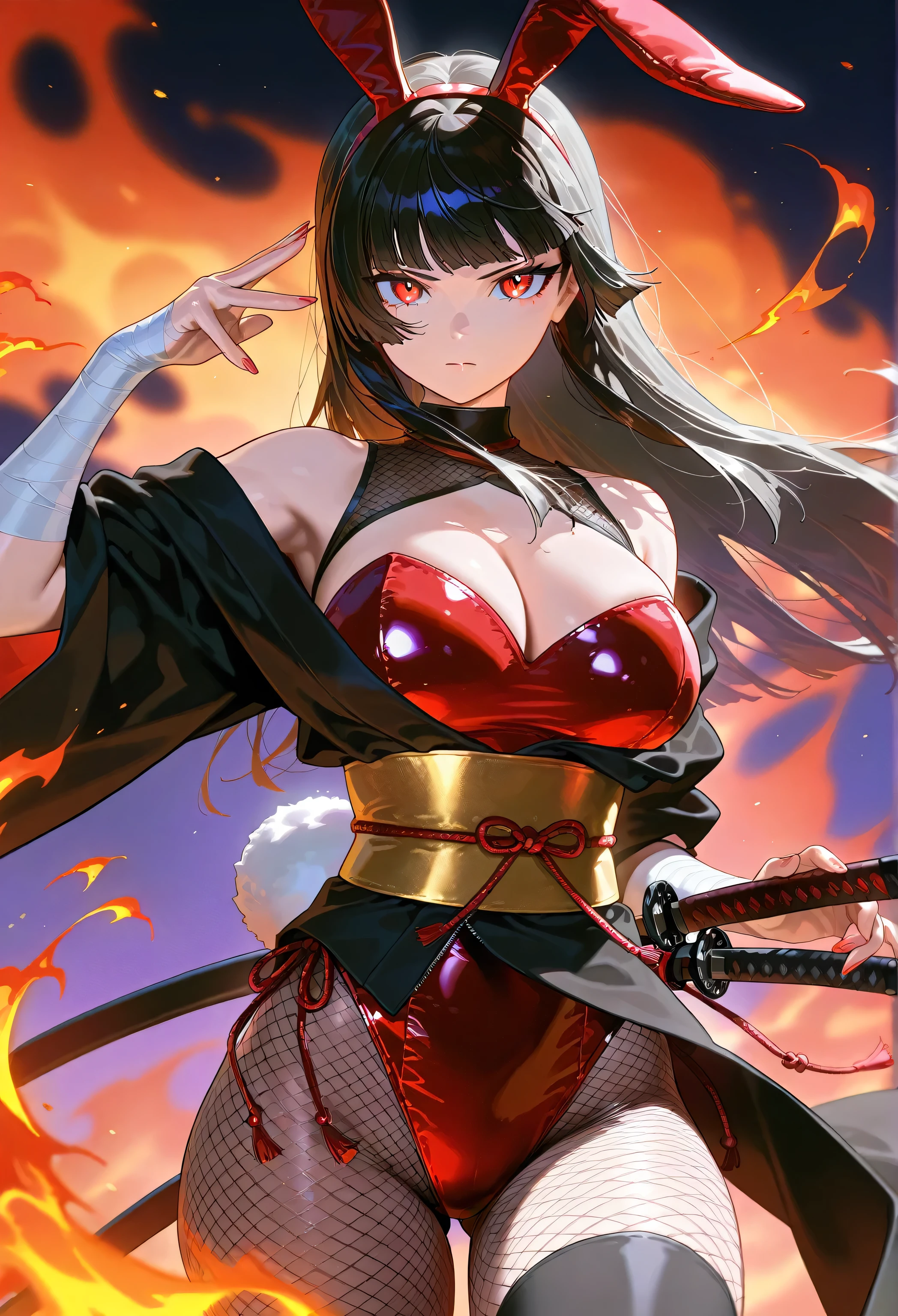 masterpiece), best quality, newest, highres, absurdres, ultra detail, extremely detailed, official art, rich colors, sharp contrast, detailed shading, perfect anatomy, good hands, solo, 1girl,large breasts,red eyes, (kunoichi), bare shoulder, sleeve less, thighs, thighhighs, japanese clothes, kimono, sash, bandages, obi, fishnets, ninja, black kimono,(bunnysuit,red leotard), confident,dominant, serious, sharp eyes, large breasts, big thighs, fishnet pantyhose,real bunny ears ,real bunny tail,sheathed katana,weilding fire katana,hime cut,black hair expressive pose, simple background, upper body , close-up, dynamic view, dynamic action,motion lines,from behind