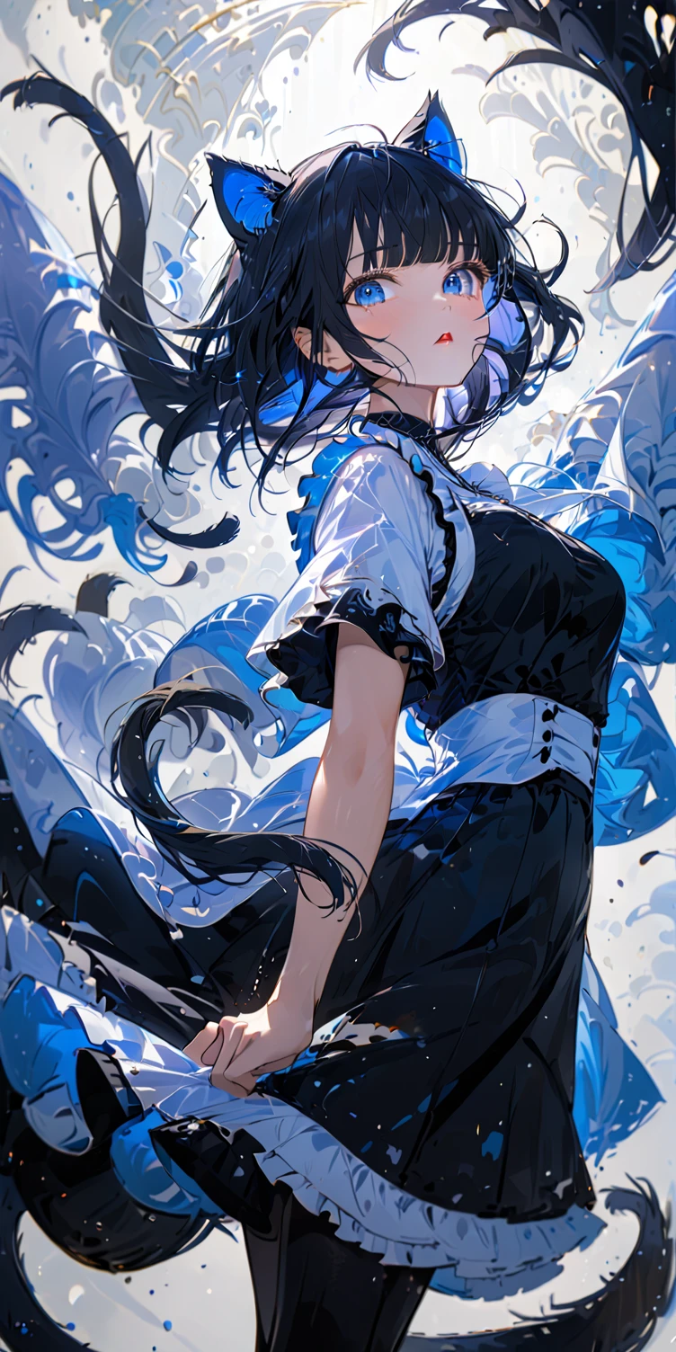 1girl, absurdly long black hair blunt bangs, blue eyes, cat ears, cat tail, chestnut mouth, large breast, open shoulder maid uniform, high waist short skirt, wind browing, floating hair, white background, contrapposto, cool expression, from below, look at viewer, soft focus, lens flare, masterpiece, best quality, vivid light color, Vector Art, 2D flat, simple shapes, professional graphic, flat color, Sleek design, 1girl, absurdly long black hair blunt bangs, blue eyes, cat ears, cat tail, chestnut mouth, large breast, open shoulder maid uniform, high waist short skirt, wind browing, floating hair, white background, contrapposto, cool expression, from below, look at viewer, soft focus, lens flare, masterpiece, best quality, Matte frosted color, Vibrant colors, Layering impasto (oil painting:1.1), ultra-detailed texture, perfect composition, intricate details, high resolution, High contrast, sharp focus, Delicate brushwork, ,AddXL,Dream Scenery