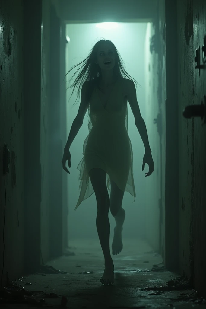 emaciated naked body.very thin skinny girl. fabulously long thin legs in heels. flies above the ground. in the illuminated bedroom flies. aura of magic around the body glow. face is scared. covers her chest with her hands. 