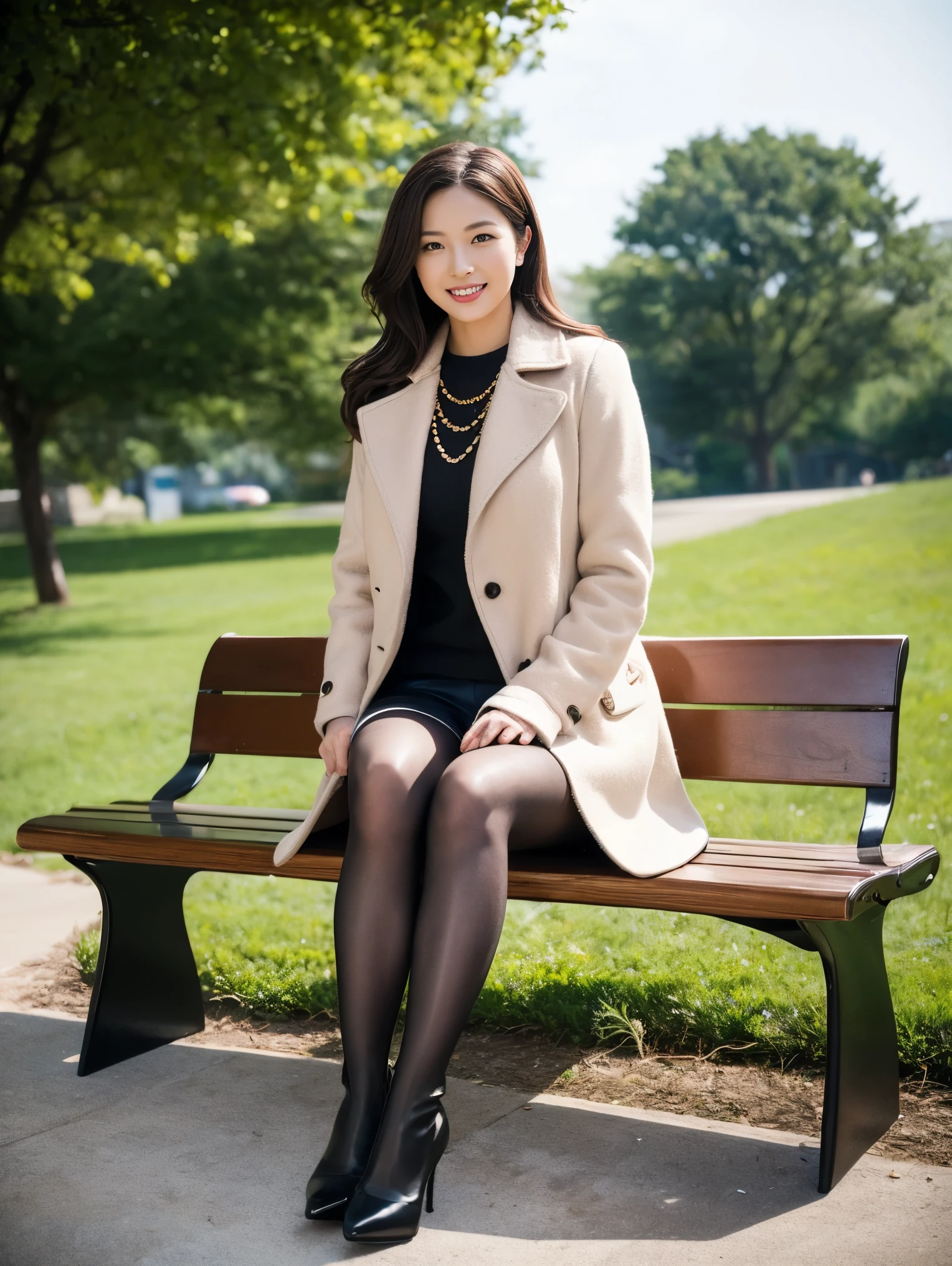 1girl, solo, realistic, photo background, sitting, boots, jewelry, bench, pantyhose, necklace, outdoors, bag, handbag, smile, looking at viewer, high heels, brown hair, high heel boots, shorts, brown eyes, long hair, real world location, tree, coat, black hair, white footwear