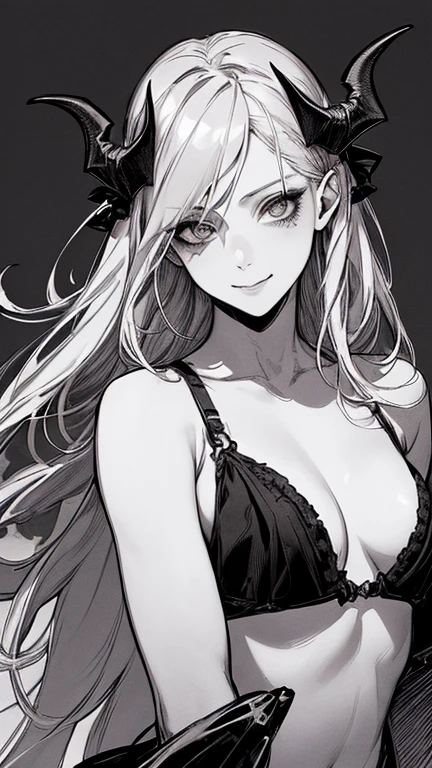  best quality, (Background details),  High Contrast ,  Detailed Original Picture ,Very small build、 upper body、Seductive Gaze、 pretty girl、 succubus,  Gray Hair、Bats have wings、 bat hair ornaments ,   black bikini、Real breasts,  flat chested、wicked smile, Beautiful line art, Monochrome