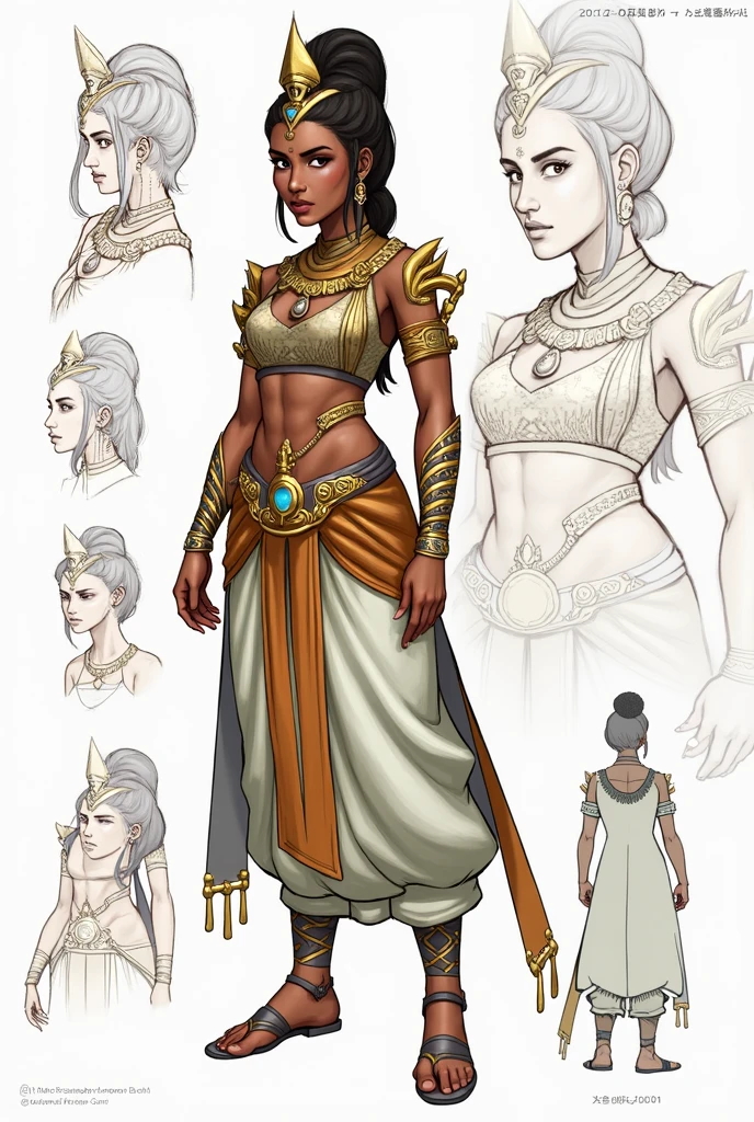 "(Character Design Sheet: 1.2), (Front View, Side View, Back View), Crazy Amount of Details, Error-free Character Design, {(African Woman, Ethnicity, African Culture Clothing: 1.2)}."