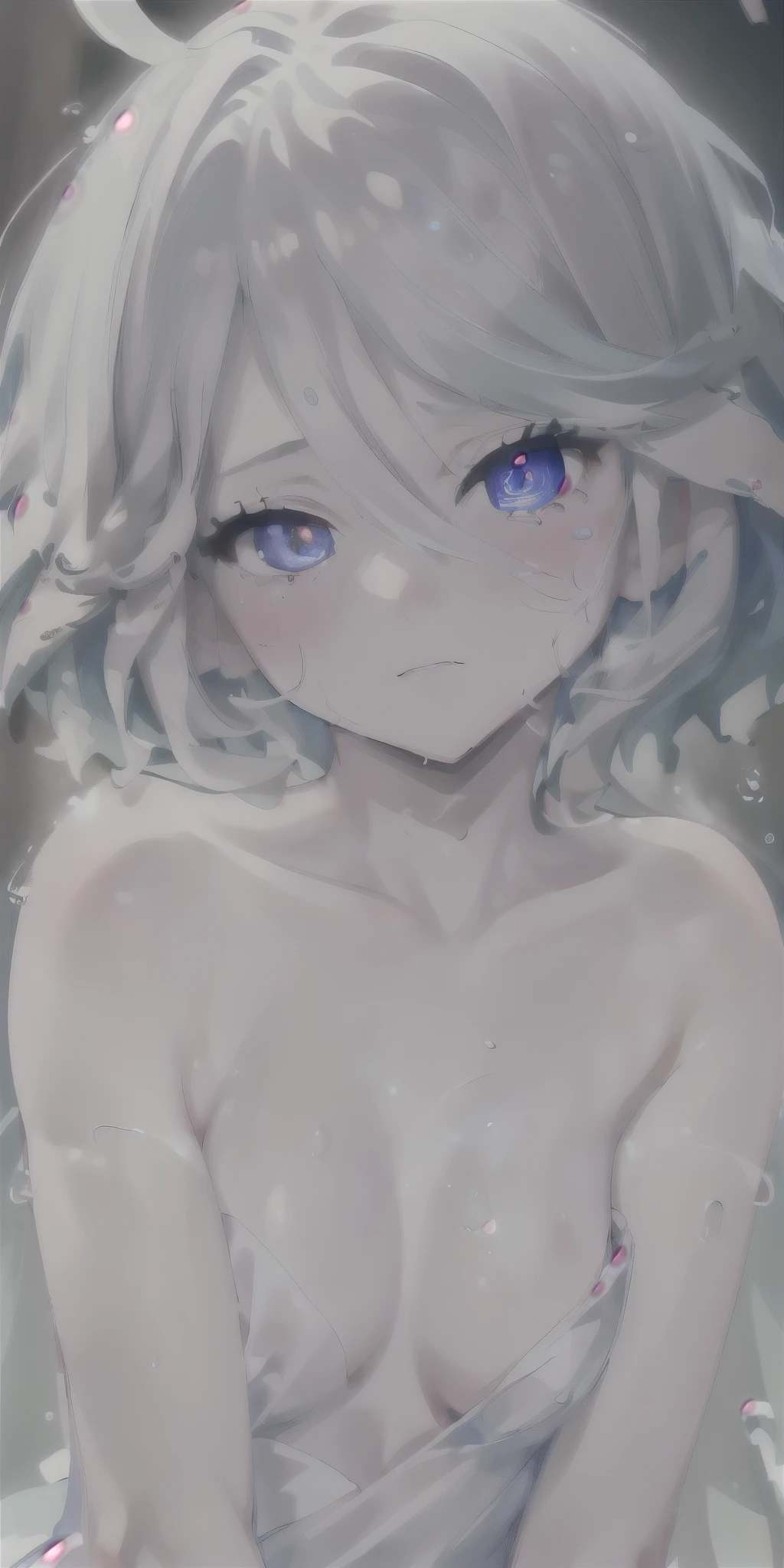 beautiful, masterpiece, Highest quality, anime, One girl, C Cup,Portrait Shot, View your viewers, Covered、Medium Hair、nearby、Blue Eyes、art、、White hair,Blue streaked hair・nipples、Nude、Face_White turbid liquid、
On the face_White turbid liquid、Kneeling、bath_White turbid liquid