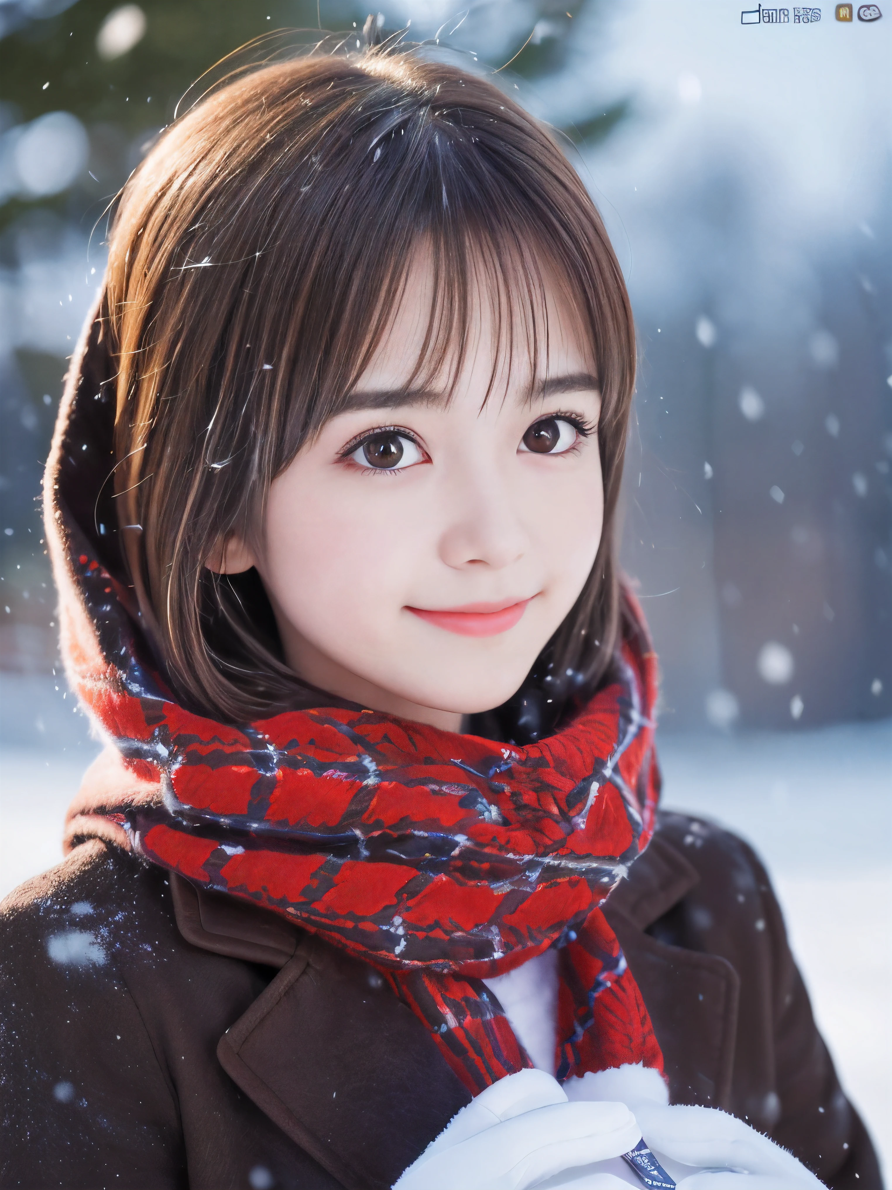 (Close-up face shot of one slender small breasts round face brown short hair with bangs girl in a winter long coat and  scarf:1.5)、(One girl is holding a gift box with gloves in hand with small smile:1.5)、(Very beautiful Christmas illumination:1.5)、(Heavy snowing night:1.5)、(blurred background:1.5)、(Natural light:1.5)、(8k ultra detailed master piece:1.5)、(perfect anatomy:1.5)、(Photorealistic stick:1.5)、(Raw photo:1.3)、(highest quality:1.5)、(High resolution:1.3)、(Delicate and beautiful perfect face:1.3)、(Delicate and beautiful eye air skin:1.3)、(Real Human Skin:1.3)、((thin legs))