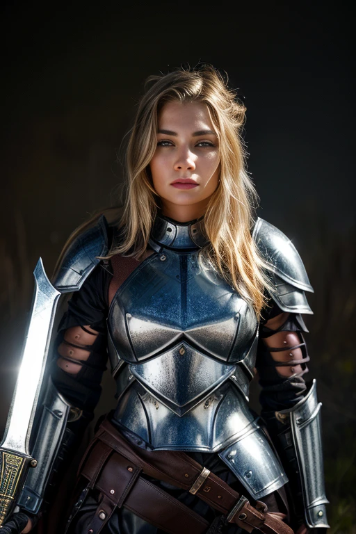  A beautiful young woman , Nikki Tyler ,In armor he is standing on a dark and muddy wasteland with a sword, armored warrior, armored warrior, Detailed Armor,  dressed in ancient battle armor ,  wearing intricate steel armor ,  warrior armor and weapons , He wore heavy armor and a cape.., imogen poots as paladin,  impressive armor , Light emanating from the armor , Detailed Armor, Wearing full metal armor , (((half body ))),(((NSFW))).