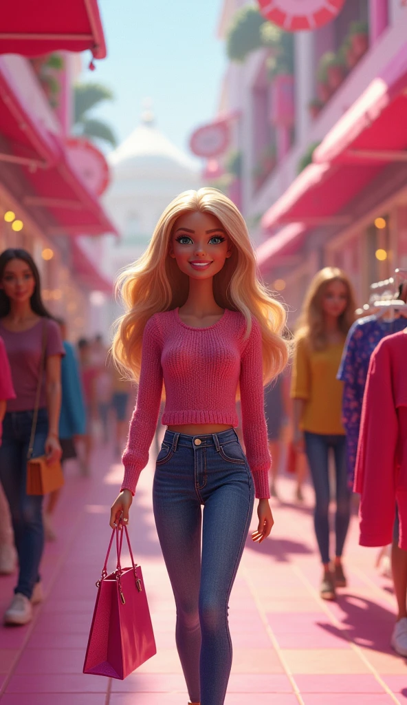 Mulher loira com camisa rosa e saia posando para uma foto, Portrait of boneca Barbie, Retrato de Margot Robbie, Barbie, boneca Barbie, Retrato de Margot Robbie, pink iconic character, Neon operator Margot Robbie, Margot Robbie, margot robbie em gta v , Boneca Barbie ou Ken, corpo rosa, hiper-realista, "hiper-realista" por Wayne Inglaterra, vestida com um vestido rosa