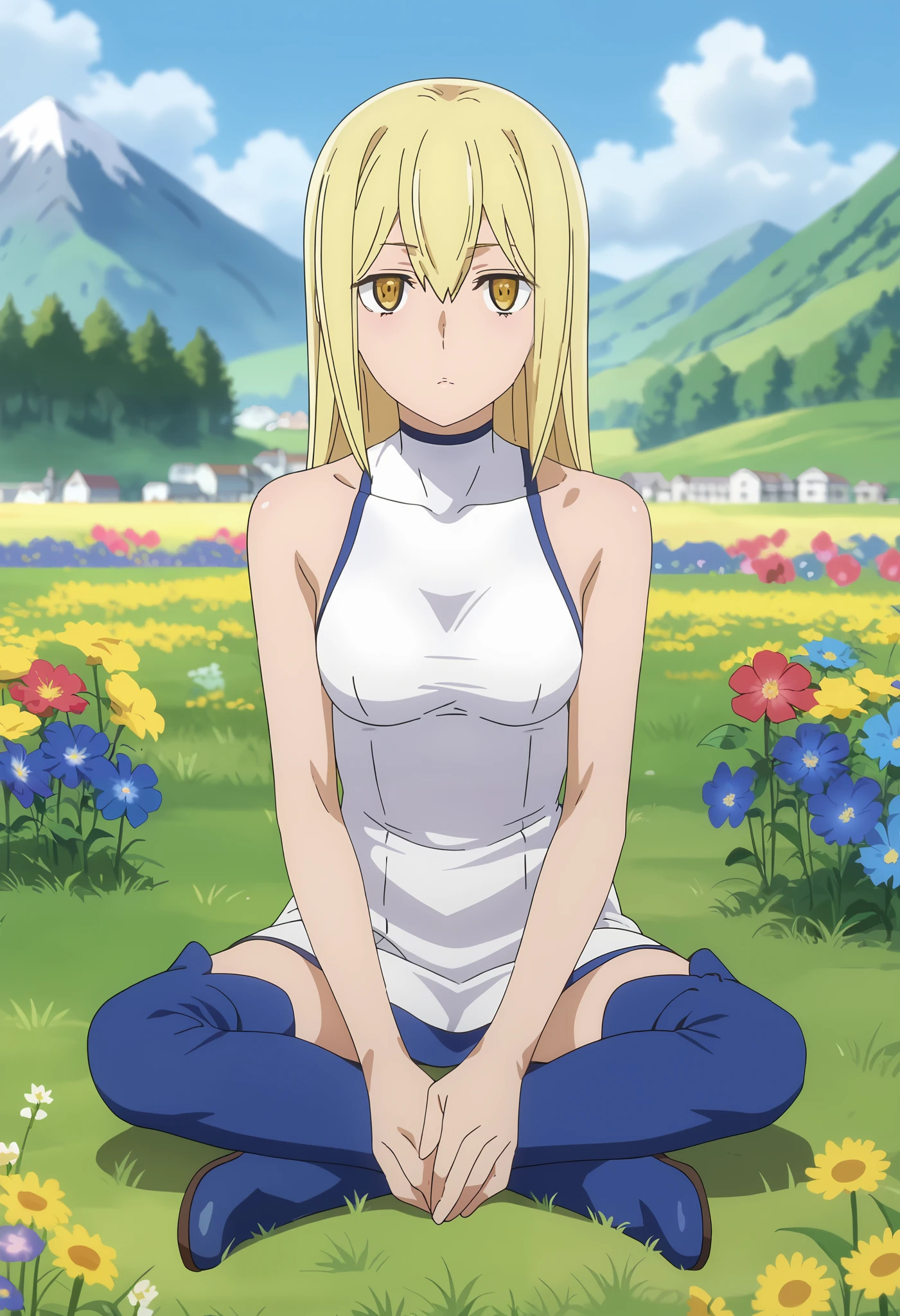 Exhaustion droopy, drained, sluggish, visibly fatigued, score_7_up, anime screencap, 1girl, solo, long hair, blonde hair, hair between eyes, yellow eyes, AisCasual, sleeveless dress, white dress, short dress, thigh boots, blue footwear, sitting, on ground, looking at viewer, scenery, mountains, grass, flower field,