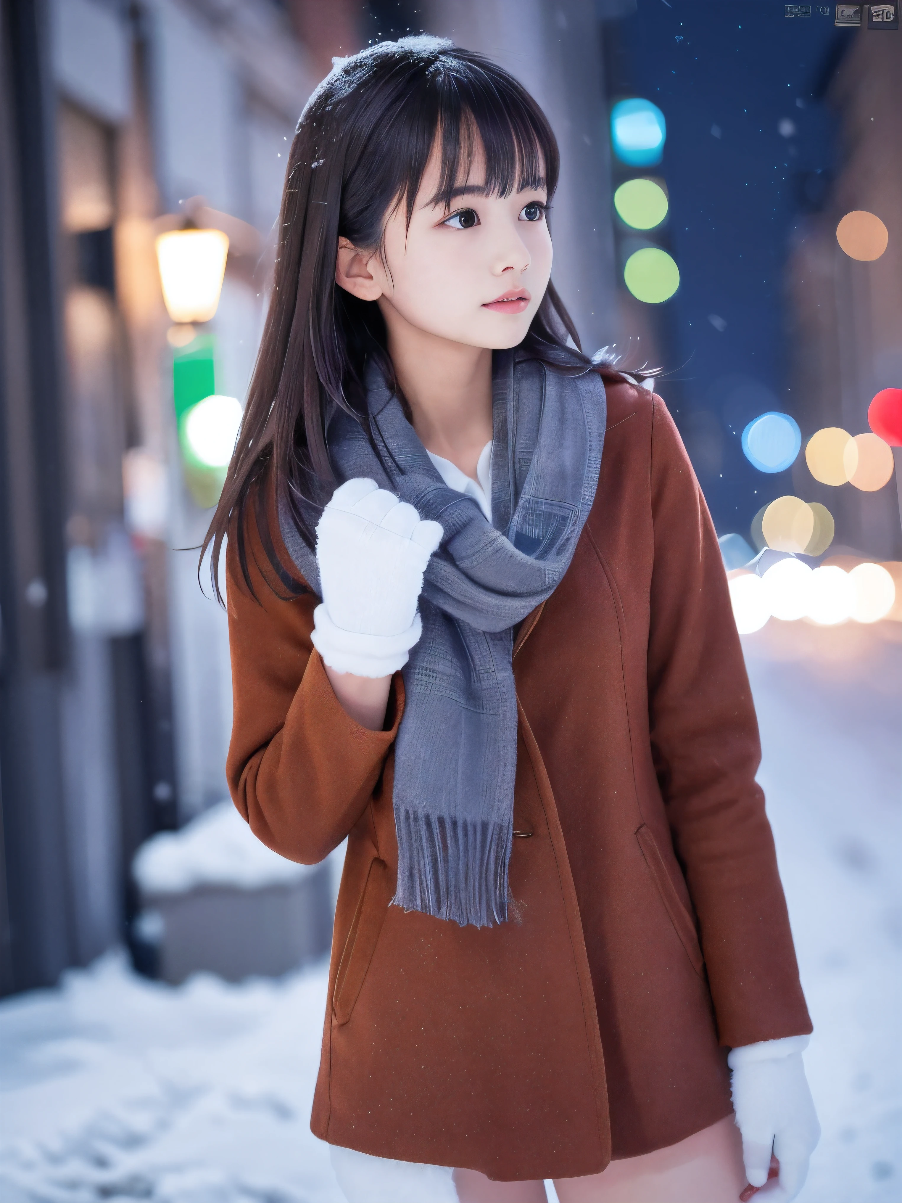 (Close-up face shot of one slender small breasts half up brown long hair with bangs girl in a winter long coat and scarf:1.5)、(One girl is turn around with holding a gift box with gloves in hand with sad face:1.5)、(Very beautiful Christmas illumination:1.5)、(Heavy snowing night:1.5)、(blurred background:1.5)、(Natural light:1.5)、(8k ultra detailed master piece:1.5)、(perfect anatomy:1.5)、(Photorealistic stick:1.5)、(Raw photo:1.3)、(highest quality:1.5)、(High resolution:1.3)、(Delicate and beautiful perfect face:1.3)、(Delicate and beautiful eye air skin:1.3)、(Real Human Skin:1.3)、((thin legs))
