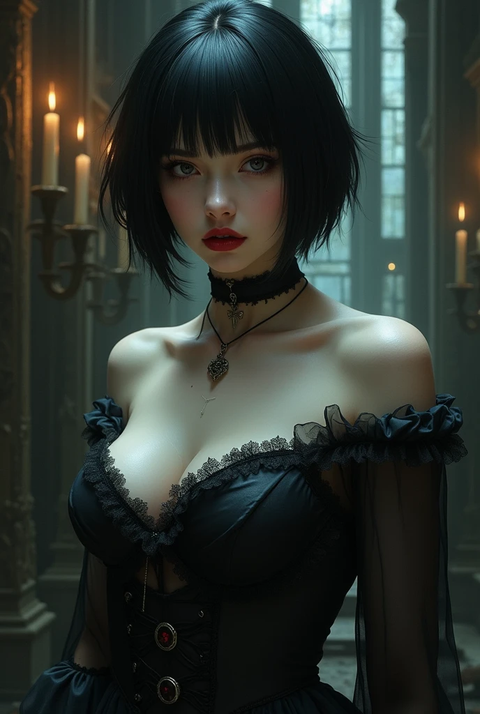 (high quality: 1.3), Cinematic shots, masterpiece, (Sharp focus: 1.5), (Realistic: 1.3), Medium portrait ((Big Breasts)) (Beautiful young vampire woman, Pale skin, Gothic, Still proud、Brave, Straight black short bob hair, Dark look, Detailed lace design、Wearing a very finely crafted dark tunic, Dark atmosphere, Sculpting shapes with sharp chiaroscuro), It&#39;s night, (Highly detailed skin), (Detailed face),  Detailed Background, Dim lighting, dusk lighting, Volumetric lighting, Intricate details, Ultra-high resolution,Very beautiful woman、Slender women、(Detailed face)、Realistic Skin、((Delicate photo))，(Girl Masterpiece RAW Photo Details:1.25), (最high quality:1.6), (Ultra-high resolution:1.5), (Realistic:1.75),8k resolution, ,50mm,Absurd, Ultra-detailed,Cinema Lighting、