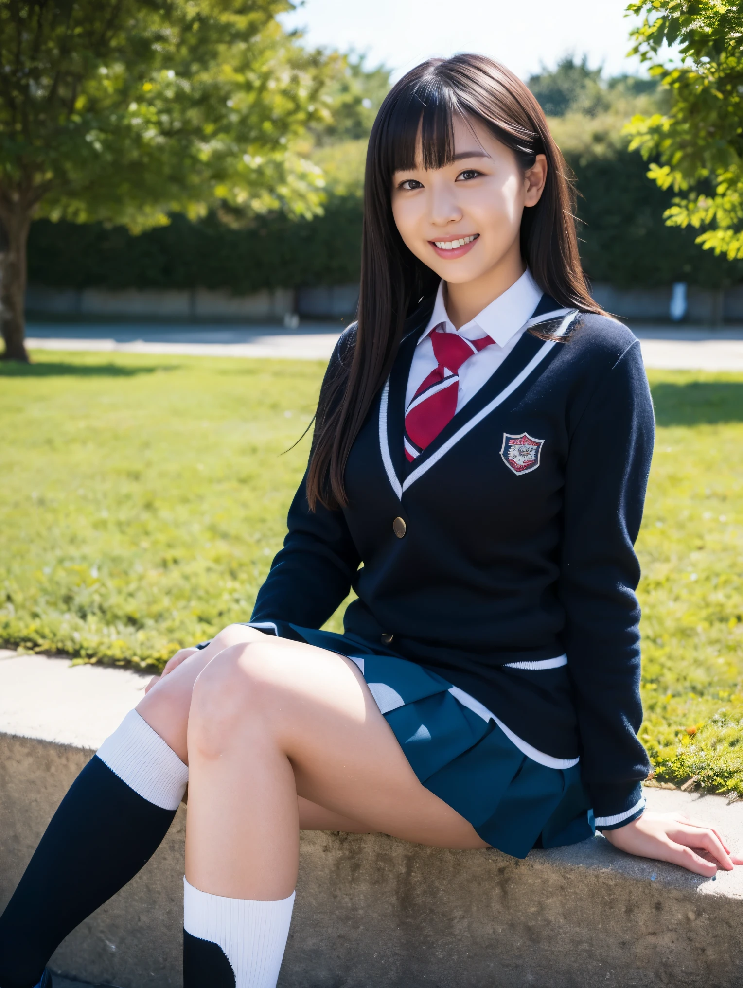 1girl, realistic, school uniform, tree, skirt, solo, socks, black hair, serafuku, shoes, hand on own knee, kneehighs, loafers, outdoors, long hair, smile, black eyes, looking at viewer