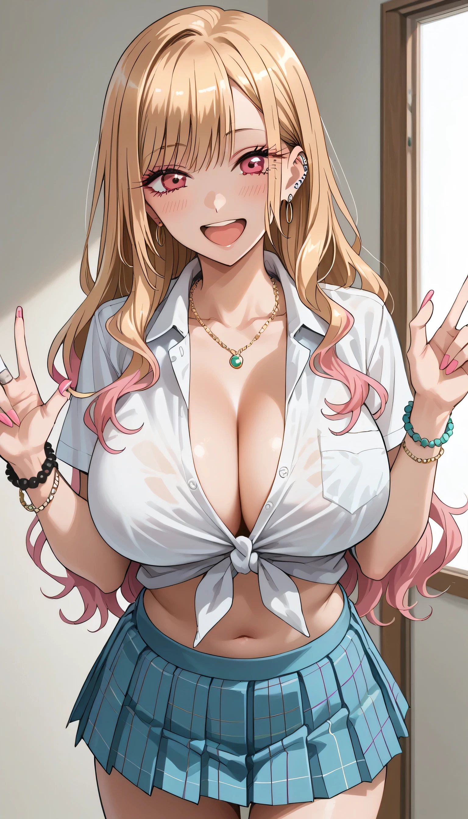 KJOmarin, blonde hair, long hair, pink eyes, earrings, ear piercing, multicolored hair, score_9, score_8_up, score_7_up, source_anime, masterpiece,best quality, huge breasts, collared shirt, tied shirt, pleated skirt, flashy gyaru, happy, showy,too many accessories, colorful , kogal, kogal gyaru, necklace, earrings, bracelet, navel, midriff,