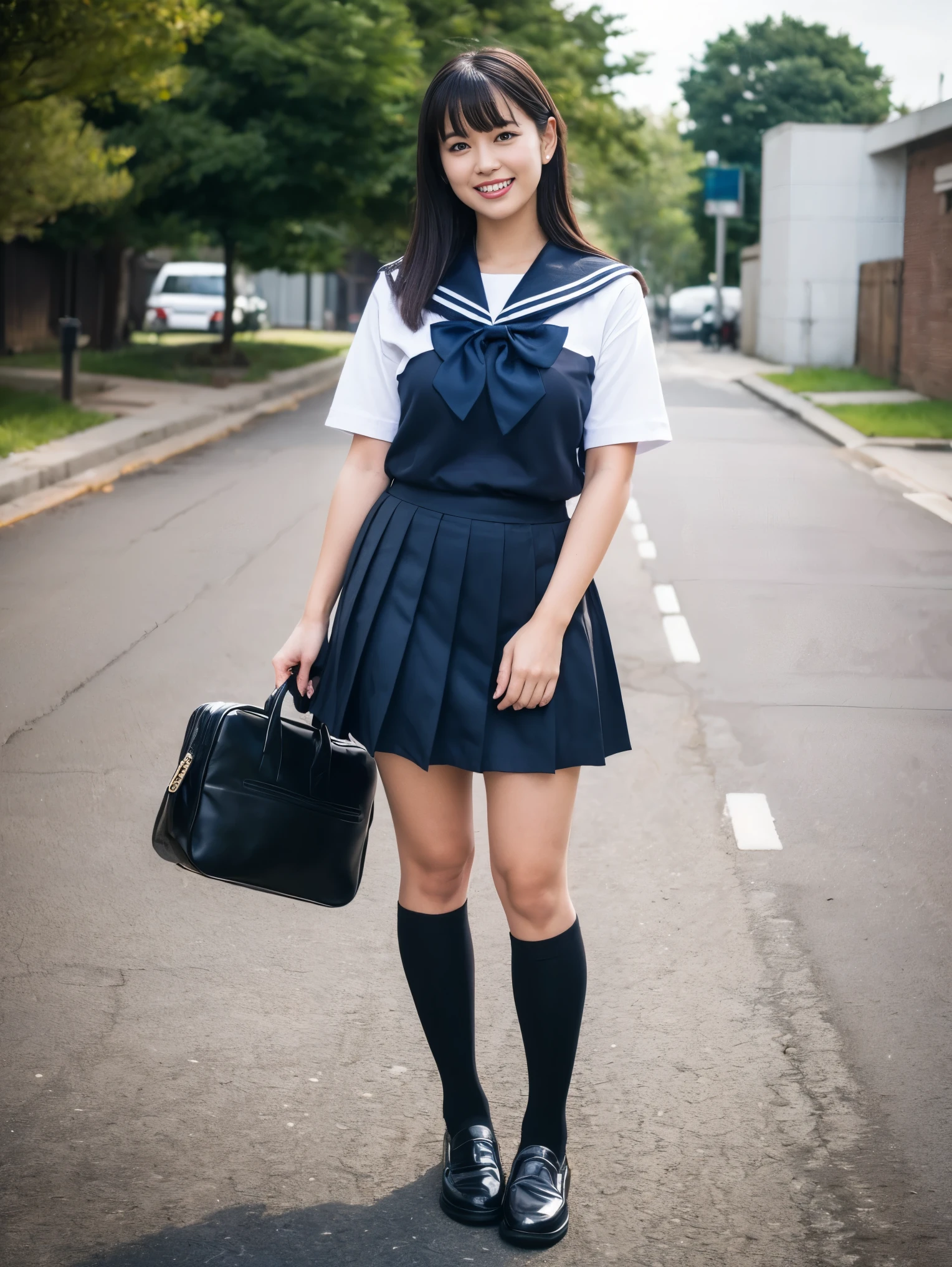 1girl, realistic, skirt, solo, bag, school uniform, photo background, socks, black hair, shoes, outdoors, kneehighs, pleated skirt, school bag, bow, blue bow, standing, grey skirt, black footwear, blue bowtie, full body, looking at viewer, watermark, shirt, tree, black socks, bowtie, white shirt, loafers, black eyes, long hair, short sleeves, smile, web address, sailor collar, day, serafuku, lips