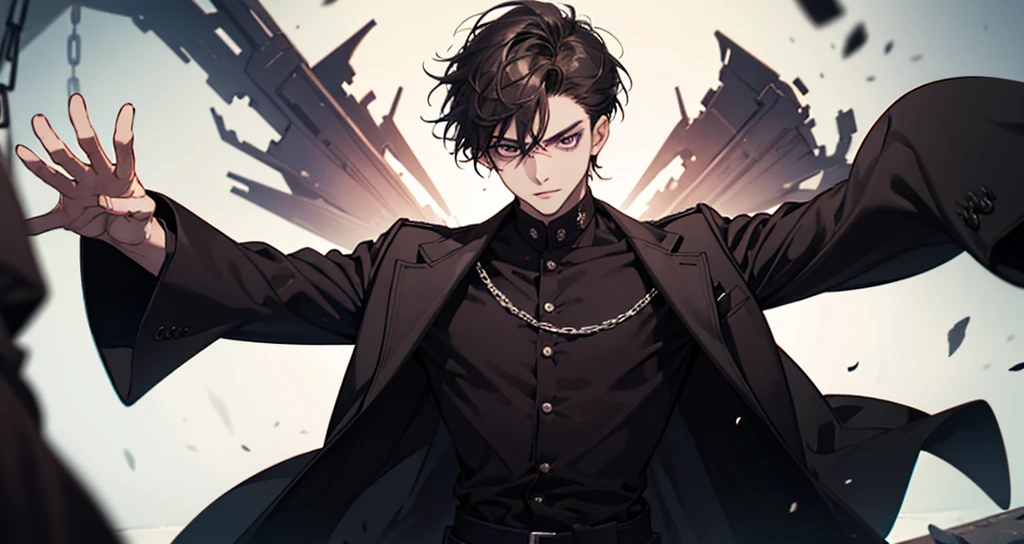 1 man, teacher, wearing a black leather jacket with chains, long black pants, black hair, short hair, face to detail, detailed eyes, black eyes, black crown floating over his head, in a fighting pose, the background is space beings in china
