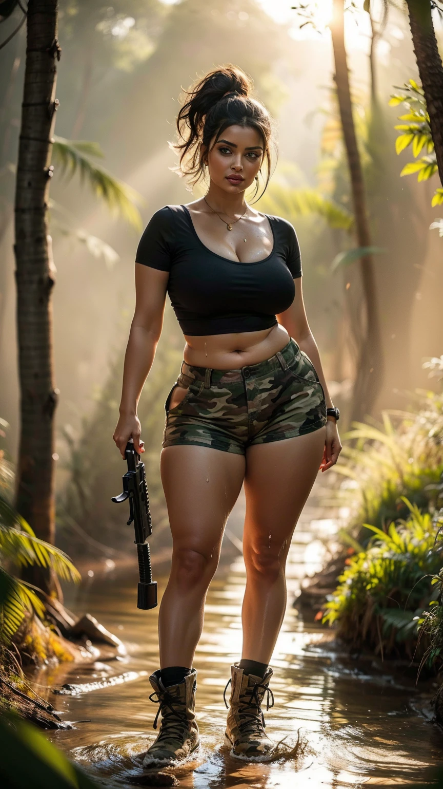 1girll，Determined gaze，Extremely detailed picture quality，Movie lighting，（Best Masterpiece），（Photography Award），（8k wallpaper），Extremely detailed and perfect body anatomy，Very detailed and perfect facial depiction，（Delicate skin：1.8），（ass big：1.8）；（Full breasts：1.8），（obvious muscle lines：1.5），（Red and black shorts：1.8），（Complete hands），(Holding a large knife in his hand)，Thighs exposed，Upper chest exposed，Sweat soaks the body，（tropical jungle：2.0），（Dense jungle），（oases），（giant and wet trees），The setting sun shines obliquely，Full body appearance，Ultra photo realsisim