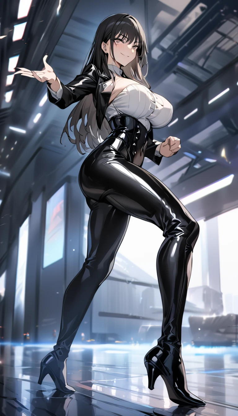 (masterpiece, best quality), 1girl, serleena, mib 2, sexy, HD, long black hair, serious smile, silver necklake, Big breast, black leather jacket, black latex corset, black leather pants, perfect body, walking pose, Marin kitagawa