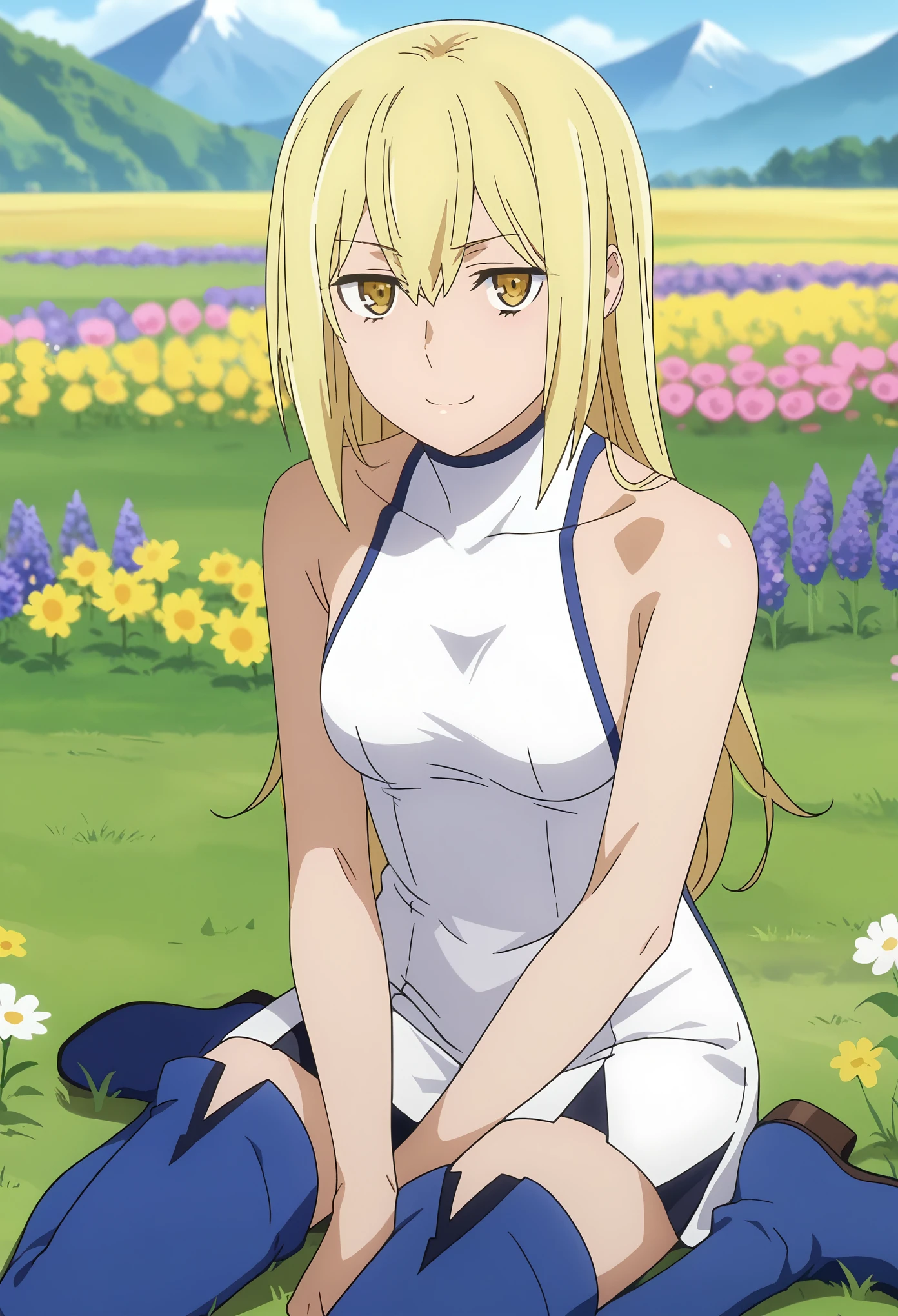 Contempt sneering, smug, disdainful, visibly dismissive
, score_7_up, anime screencap, 1girl, solo, long hair, blonde hair, hair between eyes, yellow eyes, AisCasual, sleeveless dress, white dress, short dress, thigh boots, blue footwear, sitting, on ground, looking at viewer, scenery, mountains, grass, flower field,