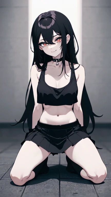 ashleyvk, 1 , Alone,  black hair,  medium tits,  choker,  long hair, anime coloring, bare shoulders, Mini skirt,  convinced smile , gothic aesthetics, diaphragm, black eyeliner, socks, sleeveless,  provocative ,  kneeling on the floor,  looking at the viewer ,  Looking at the camera, 1 boy,  rubber penis , gap Pov,