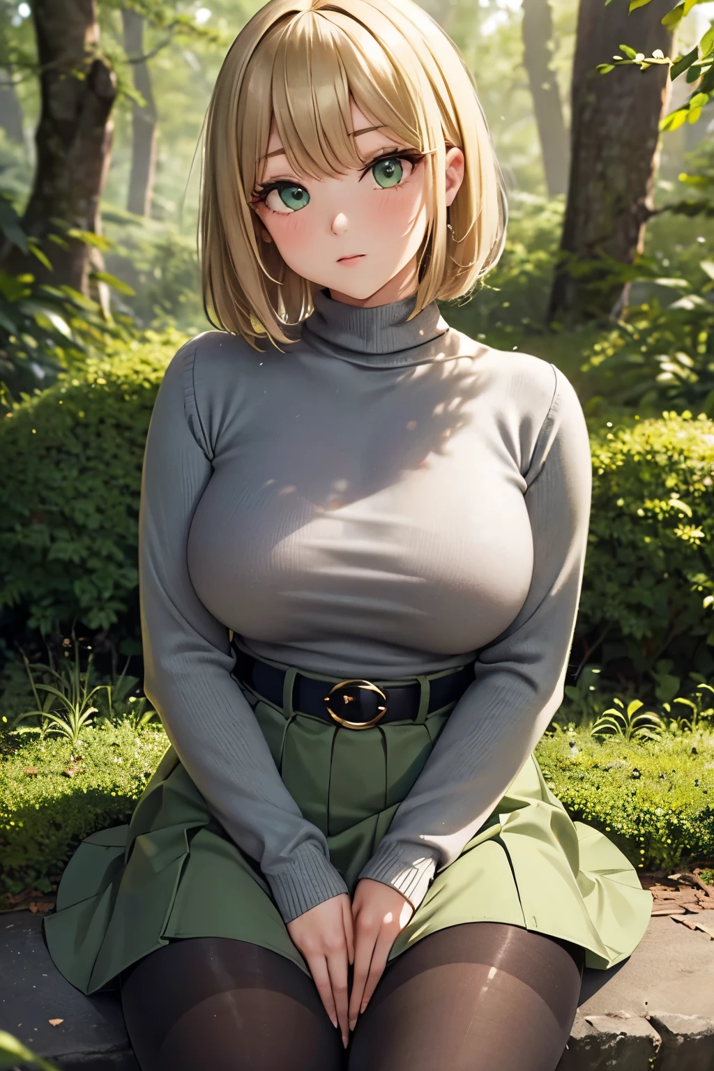 (fat legs), ((edge of a forest)), ((perfect hands)), ((glossy pantyhose)), (finely detailed eyes and detailed face:1.3), (extremely fine and beautiful:1.1), (Perfect details:1.1), Desumi Magahara, Love after world domination, ((glossy pantyhose)), sexy legs, skirt, long sleeves, dress, grey turtleneck sweater, blond hair, short hair, green eyes, jewelry, belt