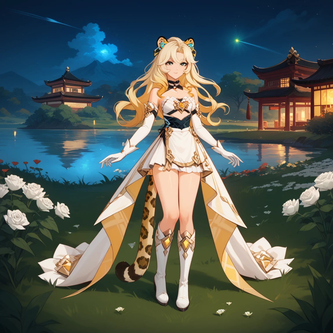 1girl, dress, jewelry, blonde hair, flowing hair, long hair, solo, white roses, jaguar ears, jaguar tail, firefly, oriental architecture, Chinese maid dress, yellow laces, white boots, gold details on her clothes, night, lake on the background, seat on the grass, a garden scenery, white roses, flowers, more details, perfectly body, perfectly hands, two hands, two legs, two arms, five fingers, glowing hair, best quality, gloves, white gloves, choker, detached sleeves, magical girl, white dress, strapless, skirt with layers, frills