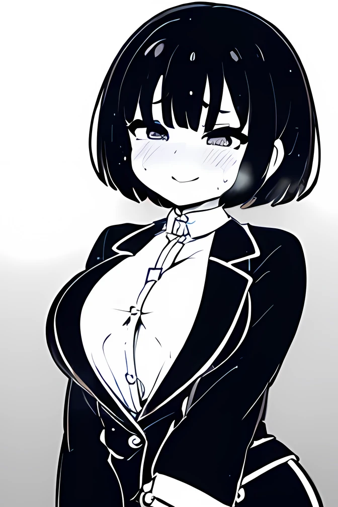 (((Line art:1.5))),(((Monochrome))),(Female :1.4),Adult women,iris, soft lips ,iris, dark eyes,( small eyes ),(Slanted Eyes), black hair,(((short hair))),(((short sutature))),((chubby)), huge breasts,Blue blazer, face smiling at the viewer,(( shivers at sexual climax)),((Frustrated face)),(( sweaty :1.3)),