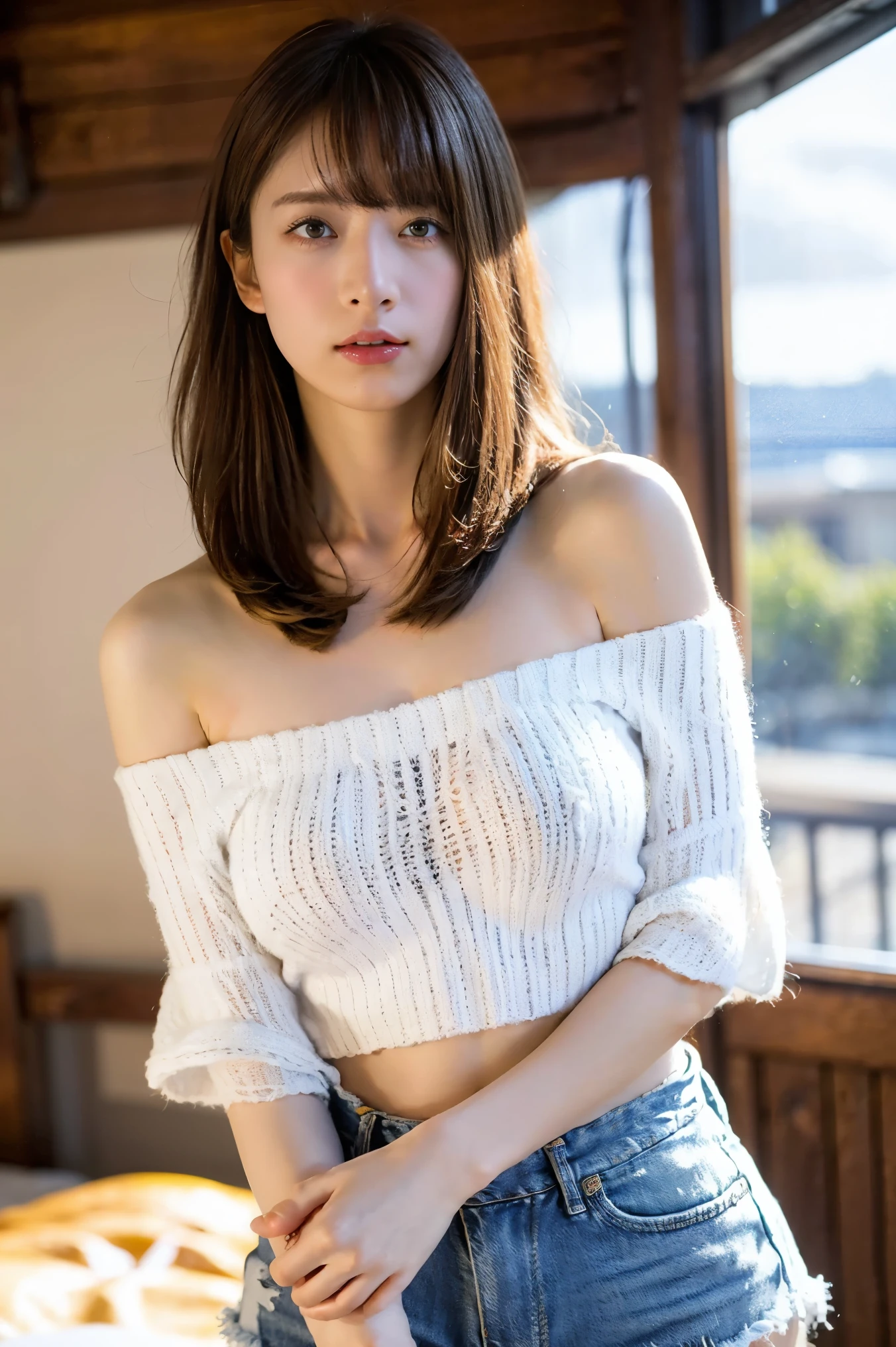 (A very cute 20 year old young woman from Japan), ((bright blonde delicate hair)), ((messy side wave short hair)),(((Slender and slender body type))),medium bust size、small breasts、 (((Clean hands))),(curly hair),(((very kind smile))), (((she wears random colored panties))),(((she is wearing a random colored bra))) ((highest quality, 16k, table top: 1.3)), light shines on your face, highly detailed face, highly detailed lips, fine eyes,A very cute 20 year old young woman from Japan), ((delicate hair between brown and blonde)), ((messy side wave short hair)),medium bust size、small breasts、 (((Clean hands))),(curly hair),(((very kind smile))), (((she wears black lace panties))),