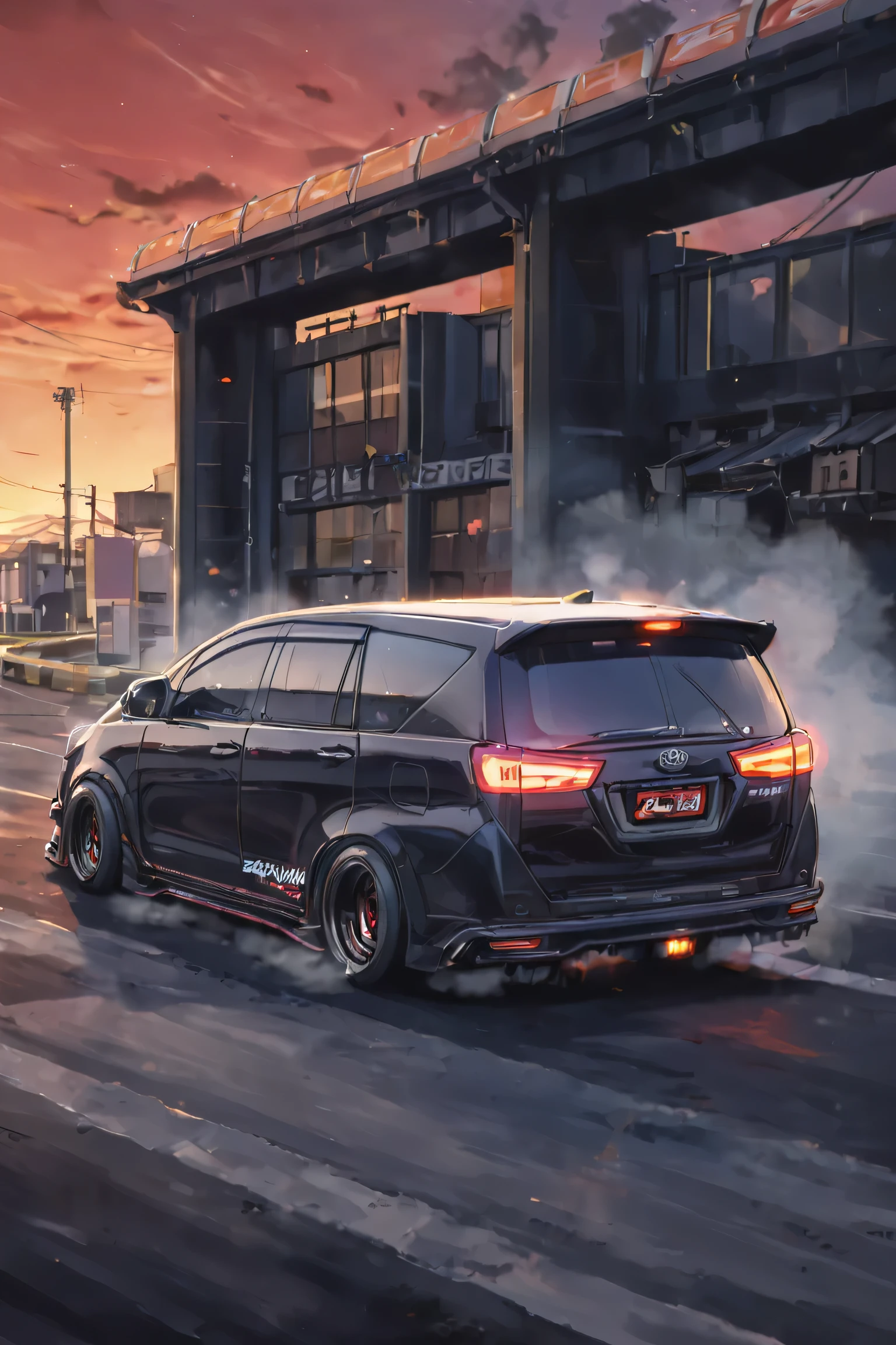 realistic, white Toyota Innova Reborn TRD,cinematic,
cyberpunk (((retro zeekars))) (with glowing eyes), red eyes,drifting,smoke tires, sunset in japan, black tone color,black wheel