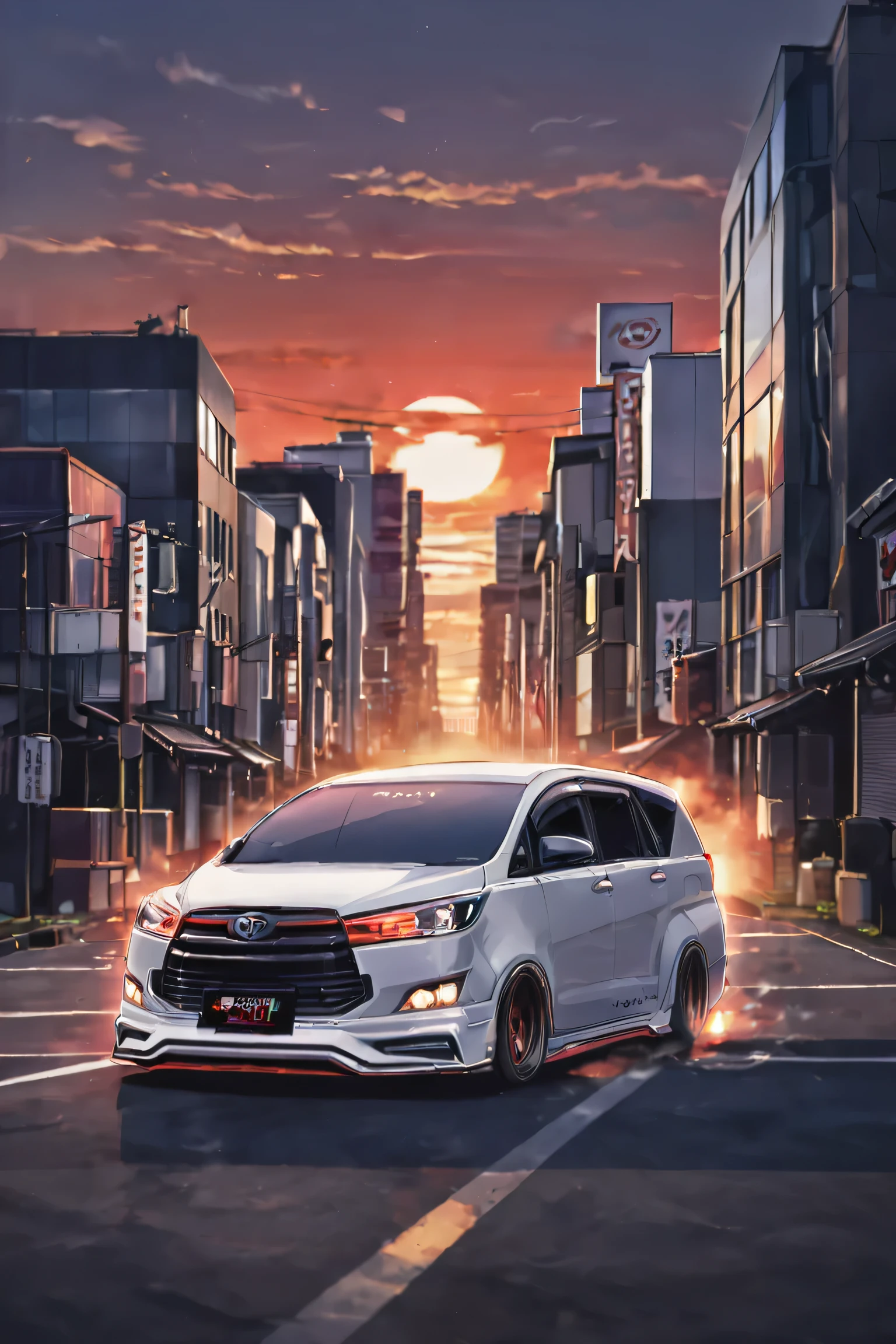 realistic, white Toyota Innova Reborn TRD,cinematic,
cyberpunk (((retro zeekars))) (with glowing eyes), red eyes,drifting,smoke tires, sunset in japan, black tone color,black wheel