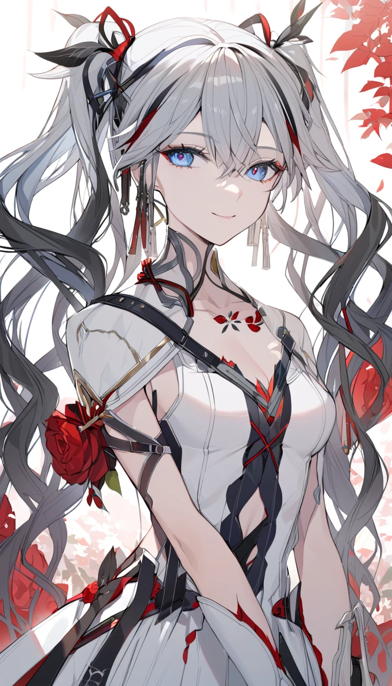 Camellia, Hair between the eyebrows,  twin tails, Gray Hair,   Multi Colored Hair  , white  dress,  1 girl , Alone, chest,  look at the viewers, smile, bangs,  blue eyes, large chest,  hair accessories, White background,  dress,  clevis, slave collar, 